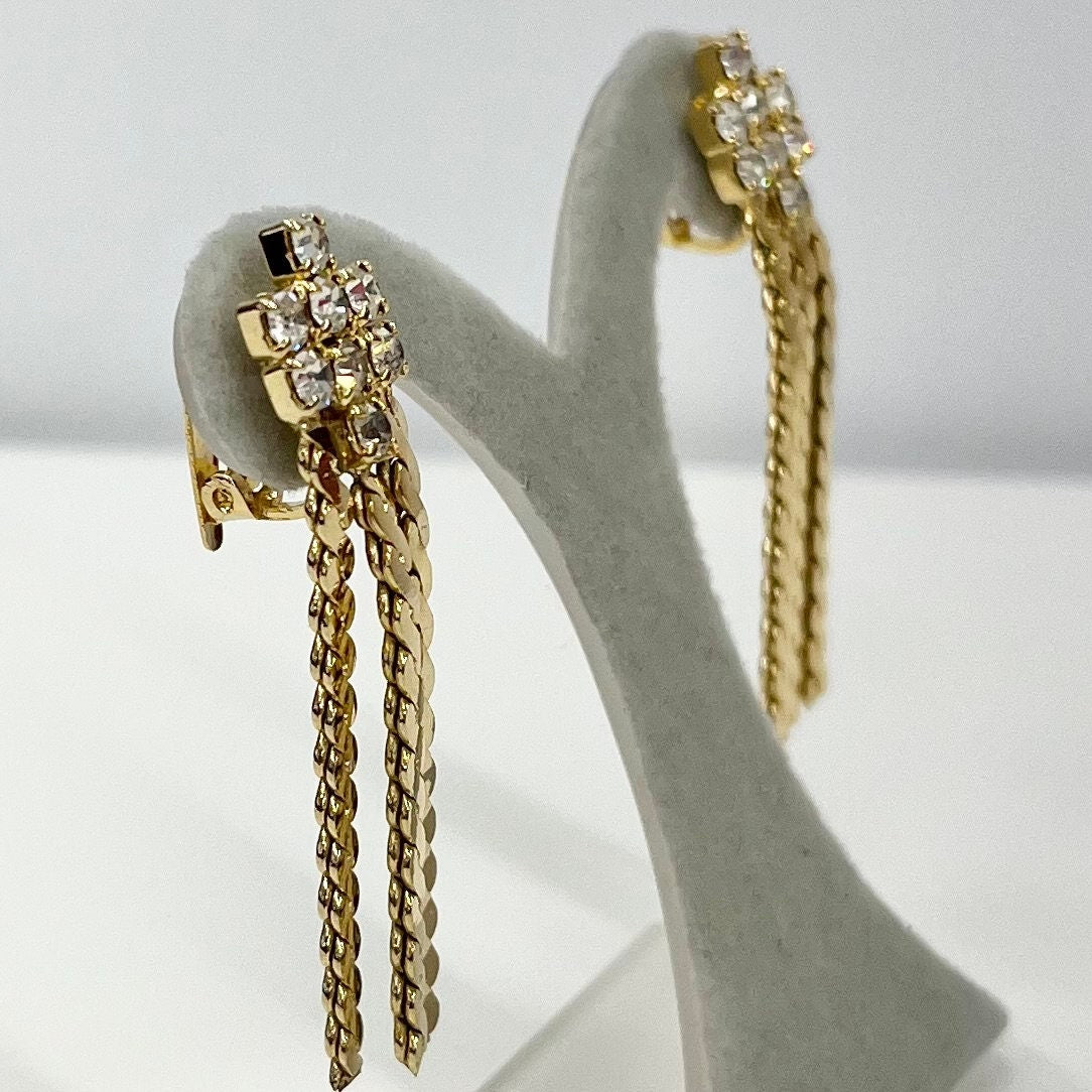 Vintage Gold Tone Tassle Drop Clip On Earrings with Clear Diamantés 1970’s - 1980’s Brand New Vintage Dead Stock TheGreenGlassGemShop