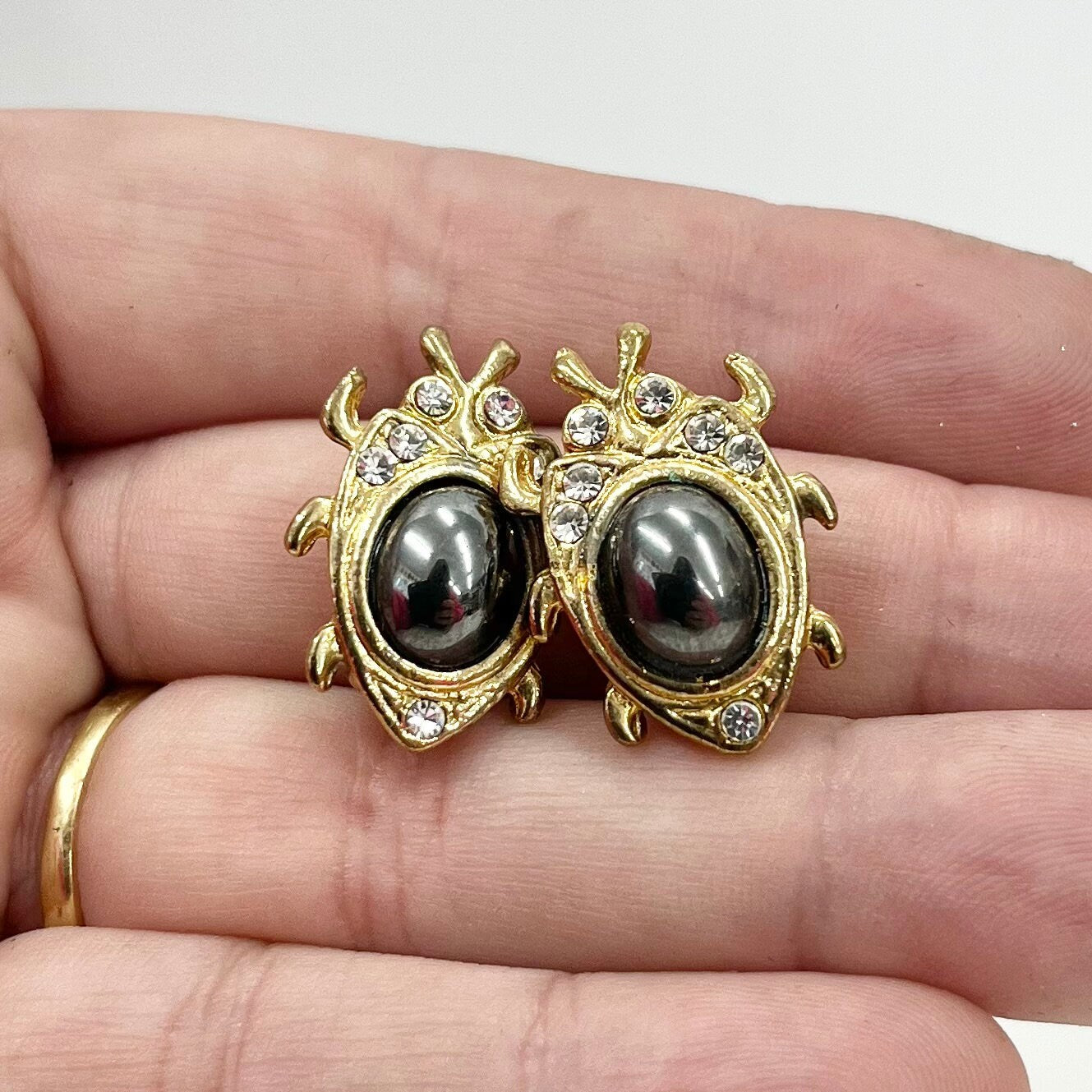 Vintage Gold Tone Large Beetle Clip On Earrings with Glass Hematite Cabochons 1970’s - 1980’s Brand New Vintage Dead Stock TheGreenGlassGemShop