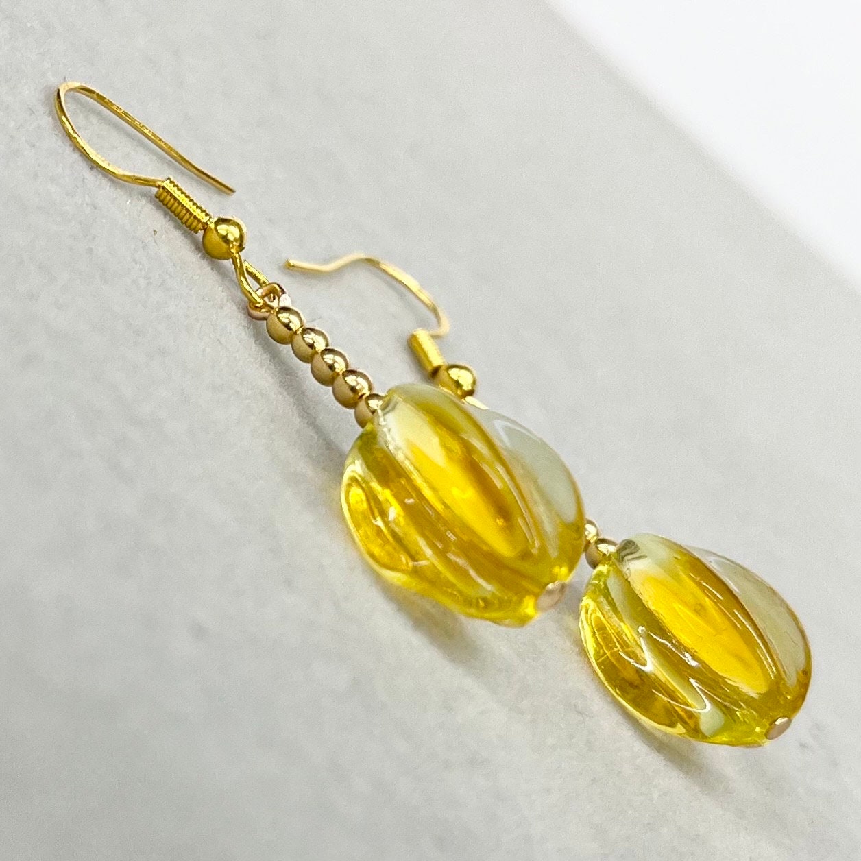 Vintage Yellow Uranium Glass Bead Drop Earrings Gold Plate with a UV Reactive Glow TheGreenGlassGemShop