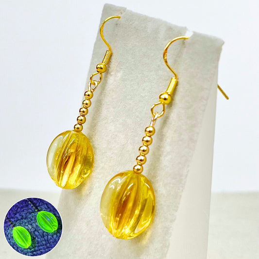 Vintage Yellow Uranium Glass Bead Drop Earrings Gold Plate with a UV Reactive Glow TheGreenGlassGemShop