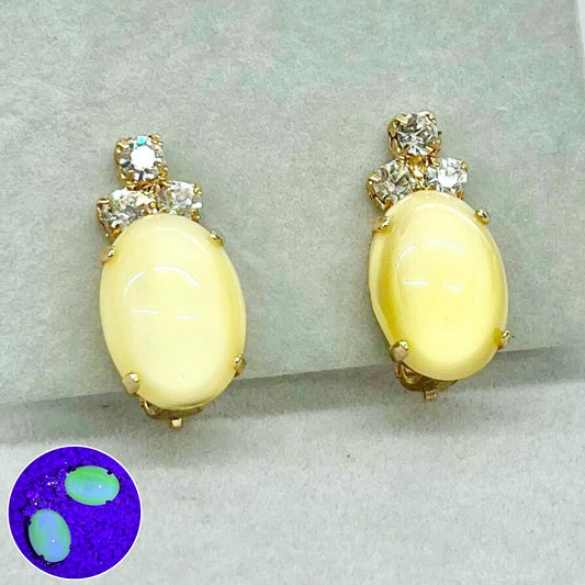 Vintage Yellow Uranium Glass Czech Cabochon Clip On Earrings Gold Plated UV Reactive Glow TheGreenGlassGemShop