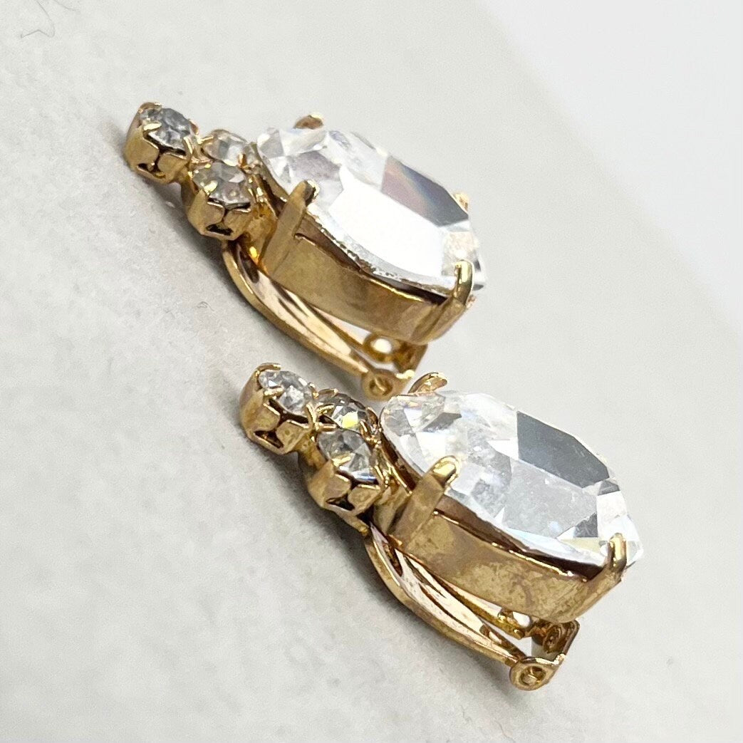 Vintage Clear Swarovski Crystal Elements Clip On Earrings Gold Plated with Clear Crystals TheGreenGlassGemShop