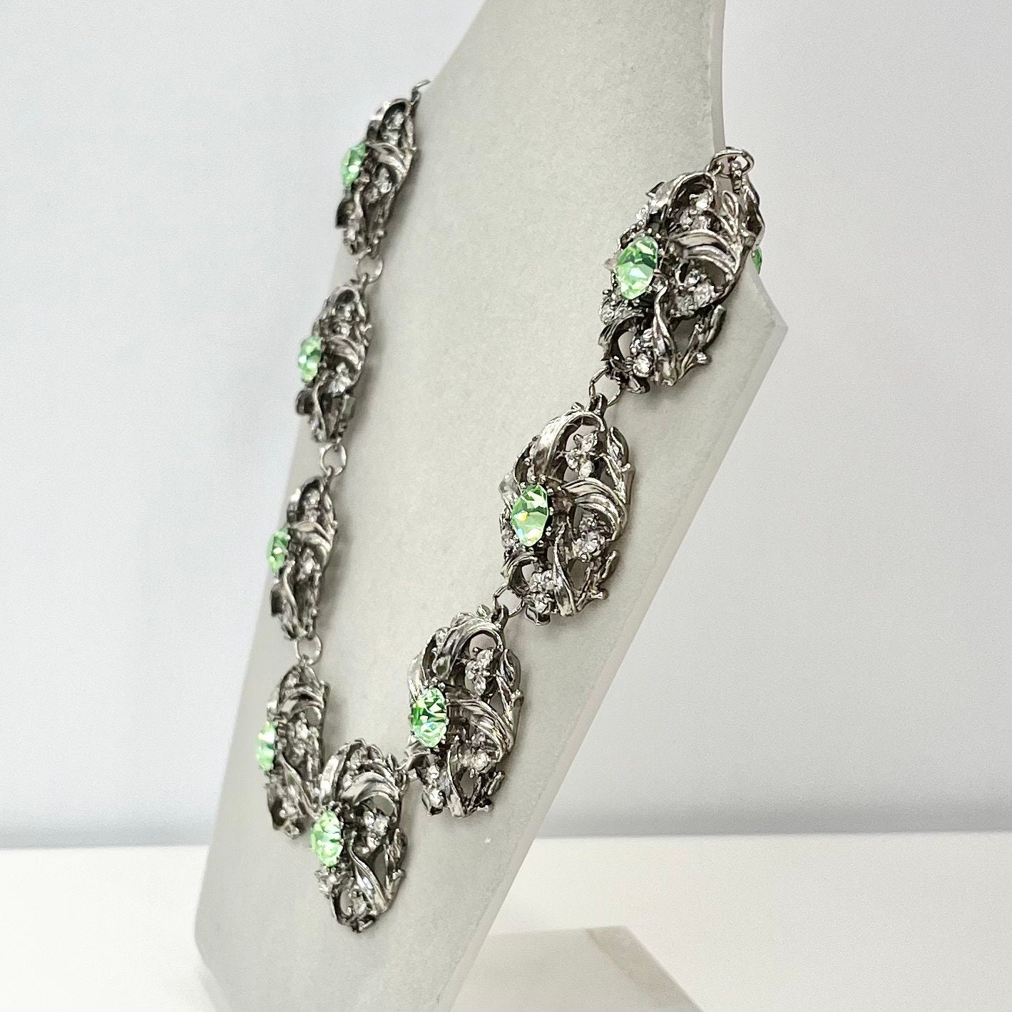 Vintage Sparkling Green Uranium Crystal Necklace Victorian Collar Style Silver Plated Setting UV Reactive Glowing Jewellery TheGreenGlassGemShop