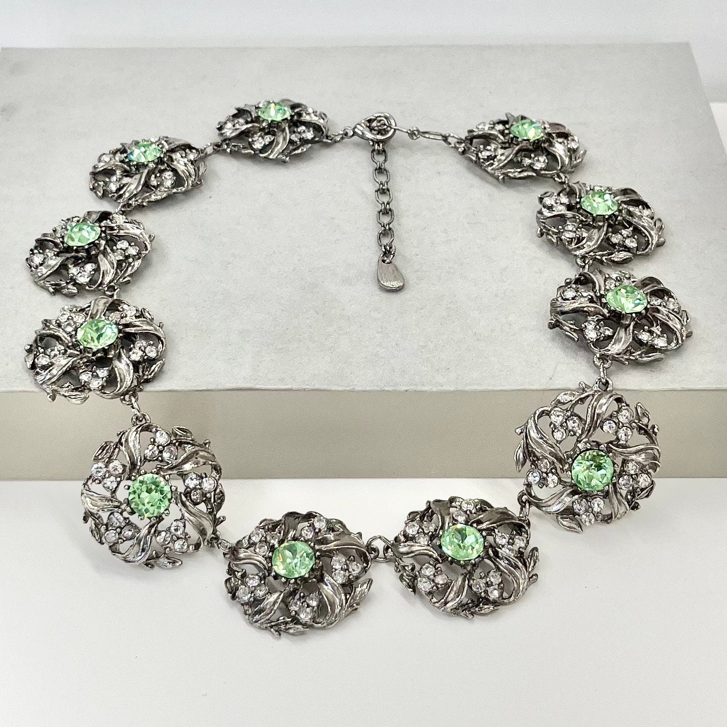 Vintage Sparkling Green Uranium Crystal Necklace Victorian Collar Style Silver Plated Setting UV Reactive Glowing Jewellery TheGreenGlassGemShop