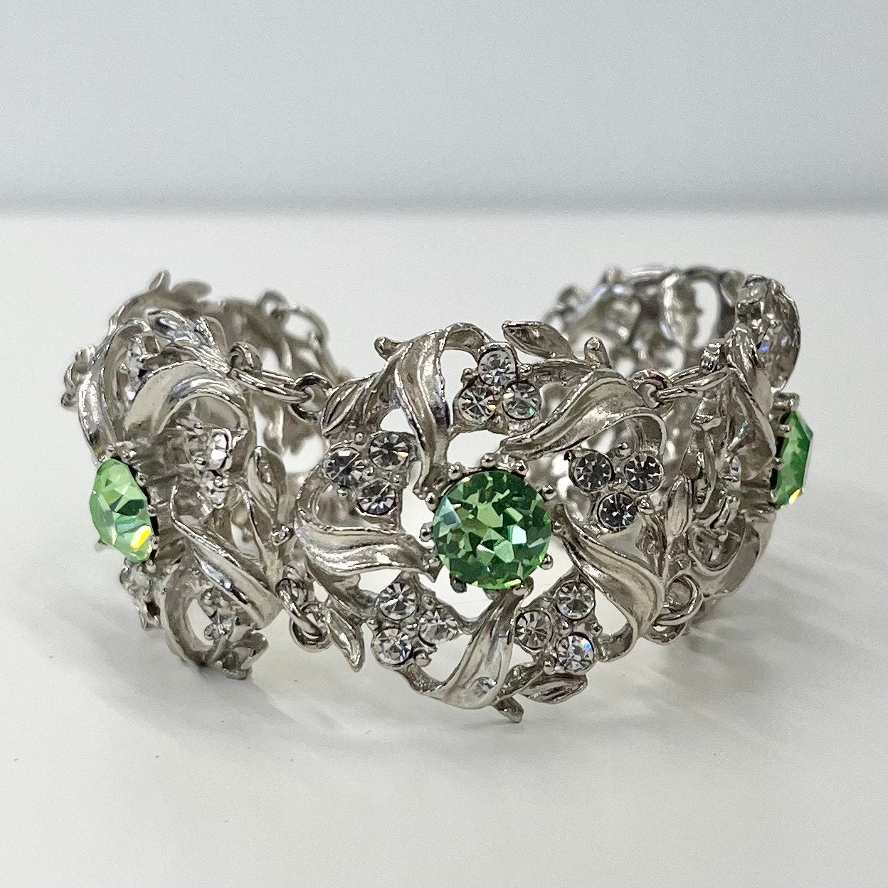 Vintage Sparkling Green Uranium Crystal Bracelet Victorian Style Silver Plated Setting UV Reactive Glowing Statement Jewellery TheGreenGlassGemShop