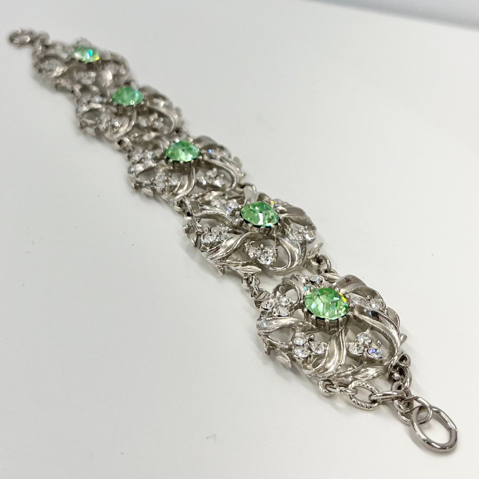 Vintage Sparkling Green Uranium Crystal Bracelet Victorian Style Silver Plated Setting UV Reactive Glowing Statement Jewellery TheGreenGlassGemShop