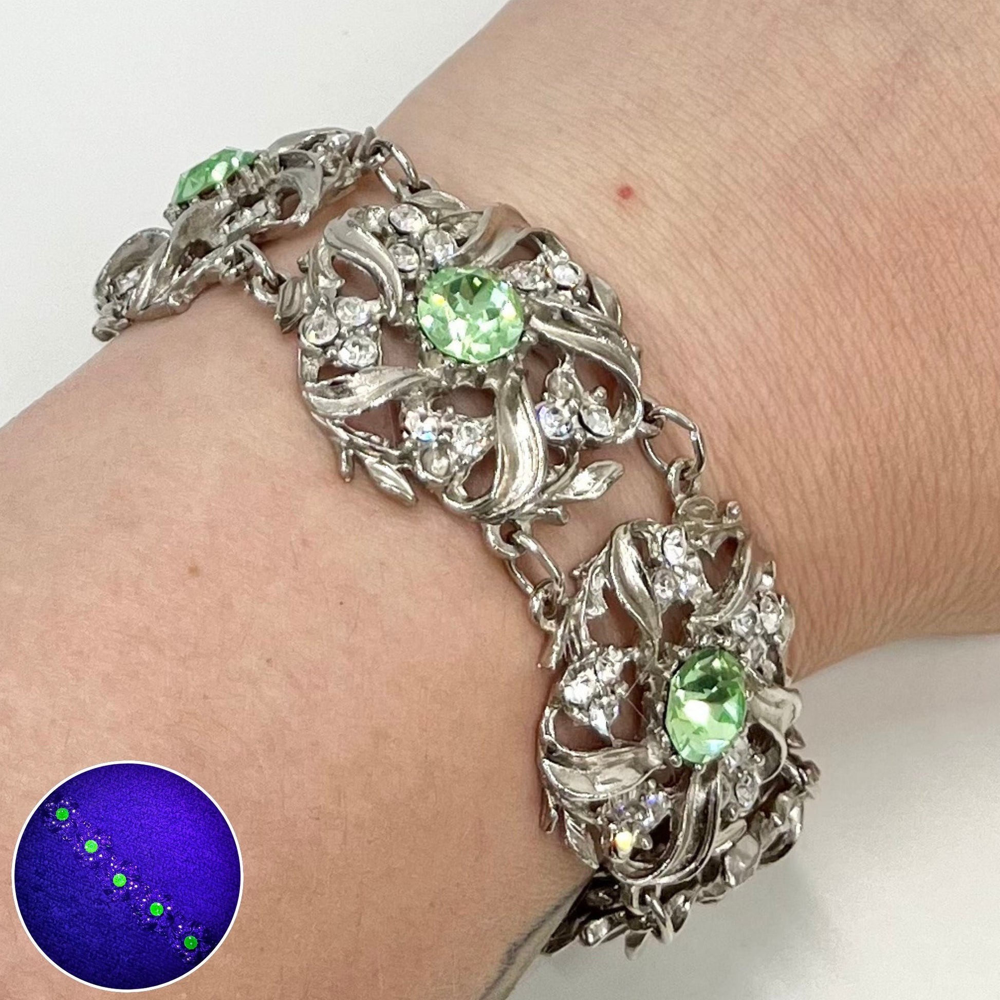 Vintage Sparkling Green Uranium Crystal Bracelet Victorian Style Silver Plated Setting UV Reactive Glowing Statement Jewellery TheGreenGlassGemShop