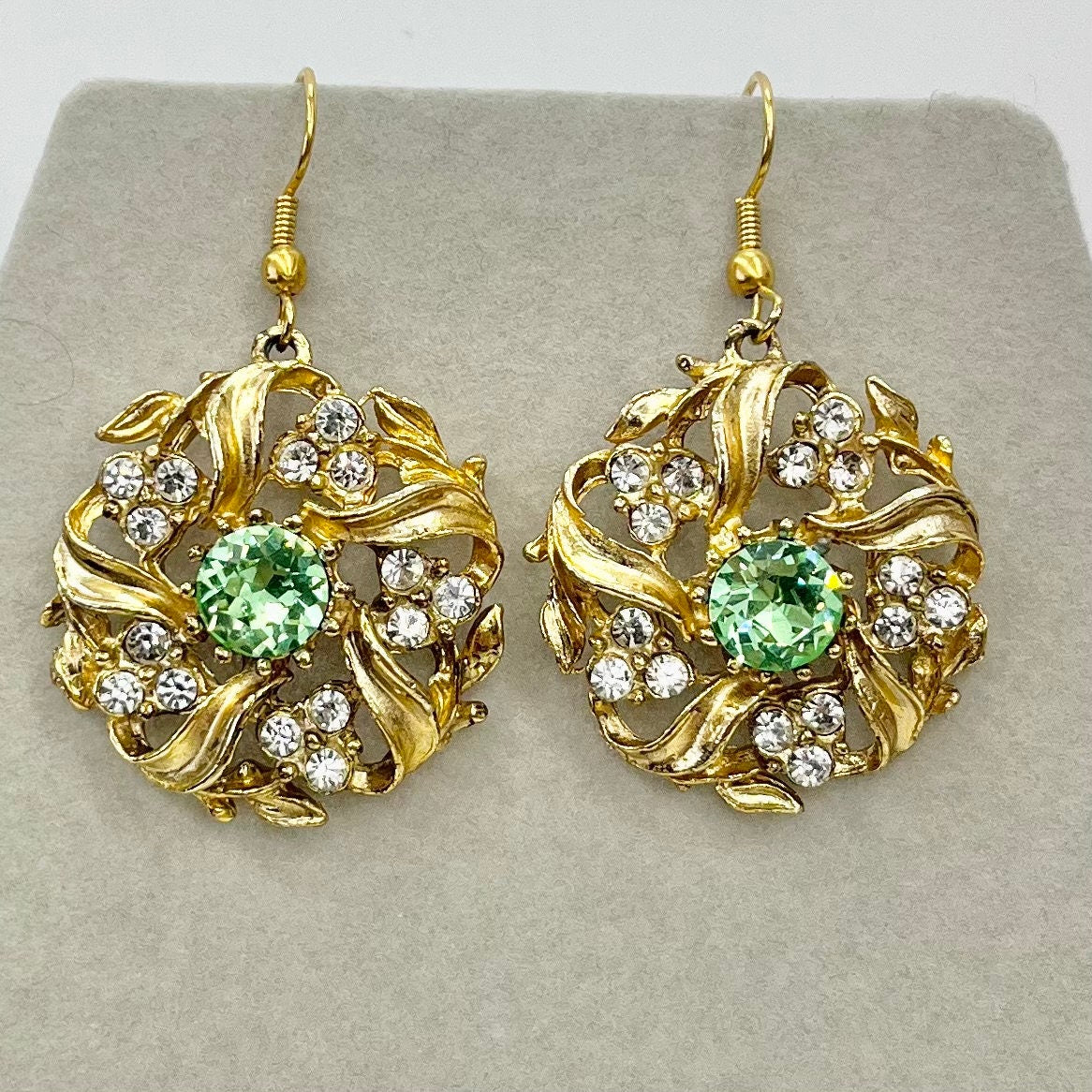 Vintage Green Uranium Crystal Earring Victorian Style Gold Plated Setting UV Reactive Glowing Statement Jewellery TheGreenGlassGemShop