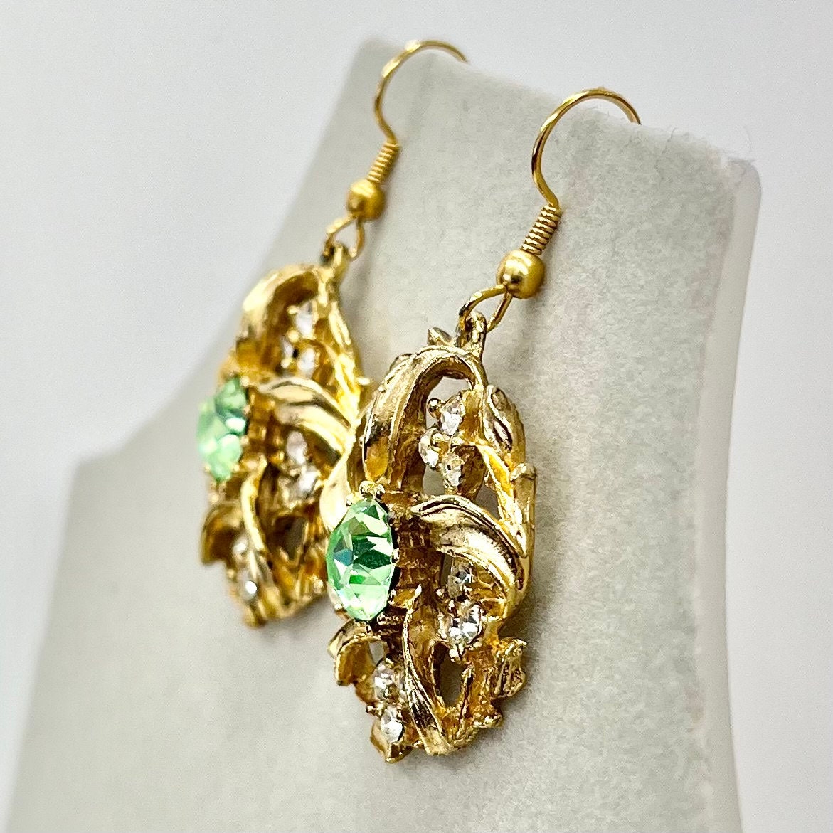 Vintage Green Uranium Crystal Earring Victorian Style Gold Plated Setting UV Reactive Glowing Statement Jewellery TheGreenGlassGemShop