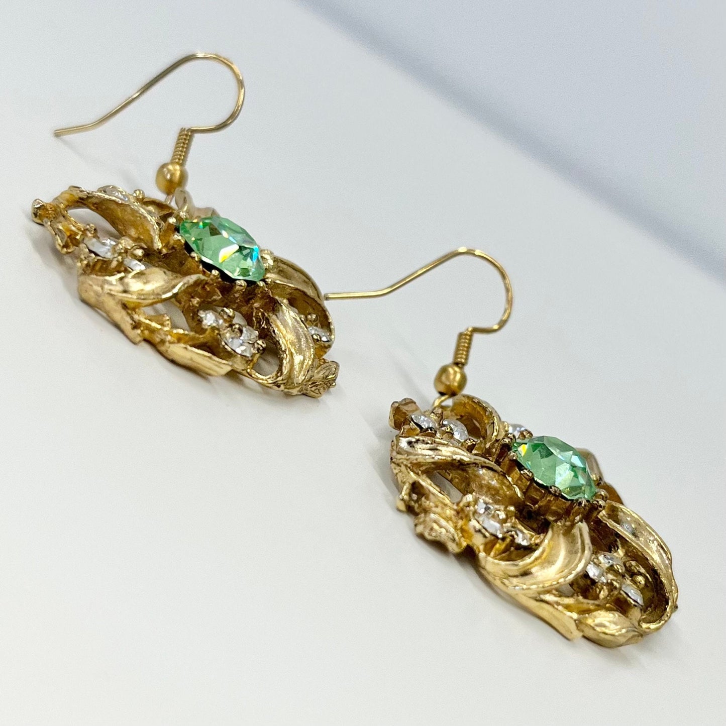 Vintage Green Uranium Crystal Earring Victorian Style Gold Plated Setting UV Reactive Glowing Statement Jewellery TheGreenGlassGemShop