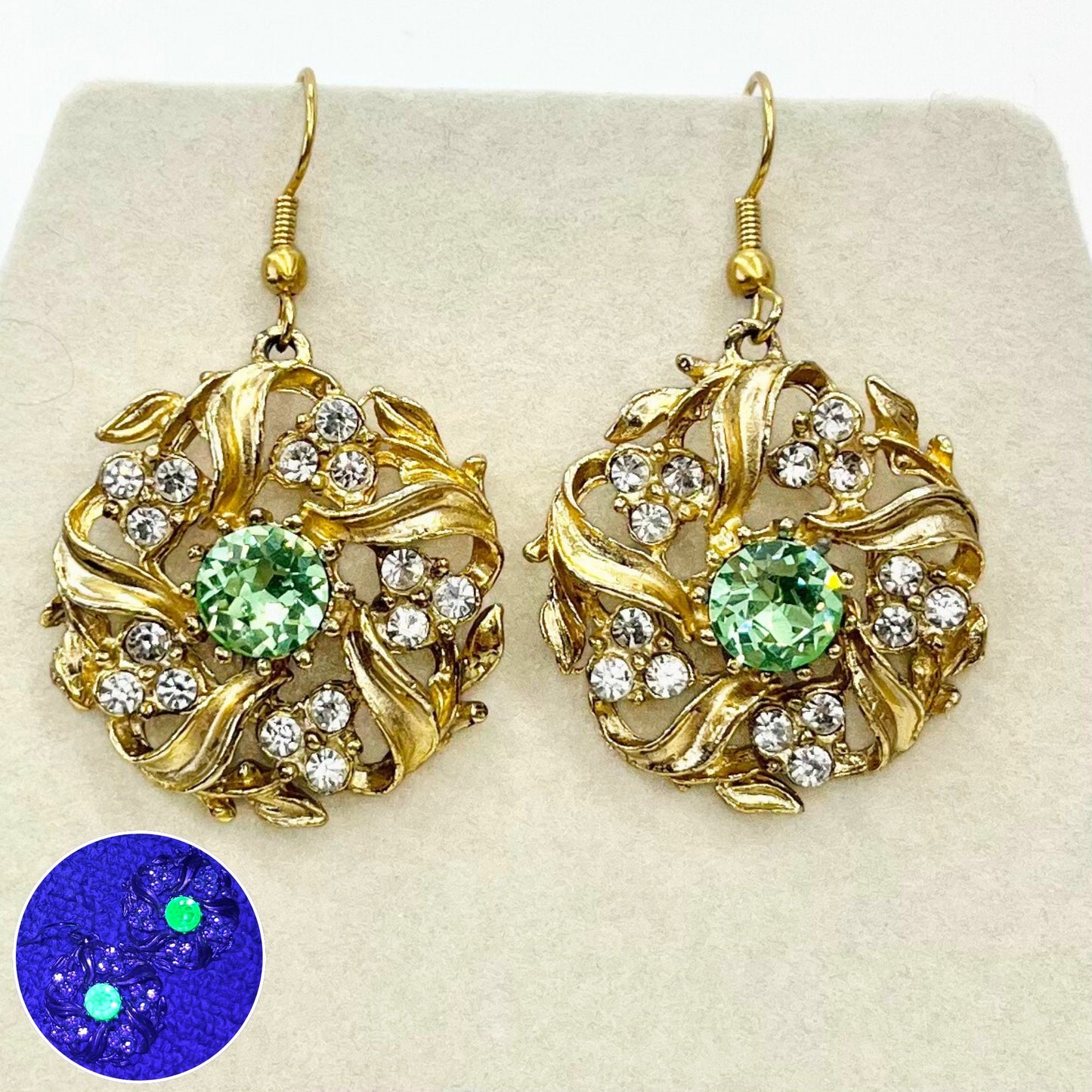 Vintage Green Uranium Crystal Earring Victorian Style Gold Plated Setting UV Reactive Glowing Statement Jewellery TheGreenGlassGemShop