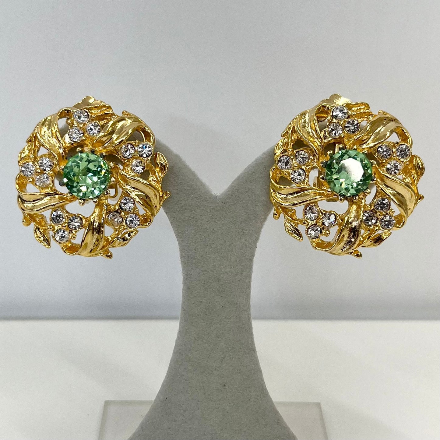 Vintage Green Uranium Crystal Clip On Earrings Victorian Style Gold Plated Setting UV Reactive Glowing Statement Jewellery TheGreenGlassGemShop