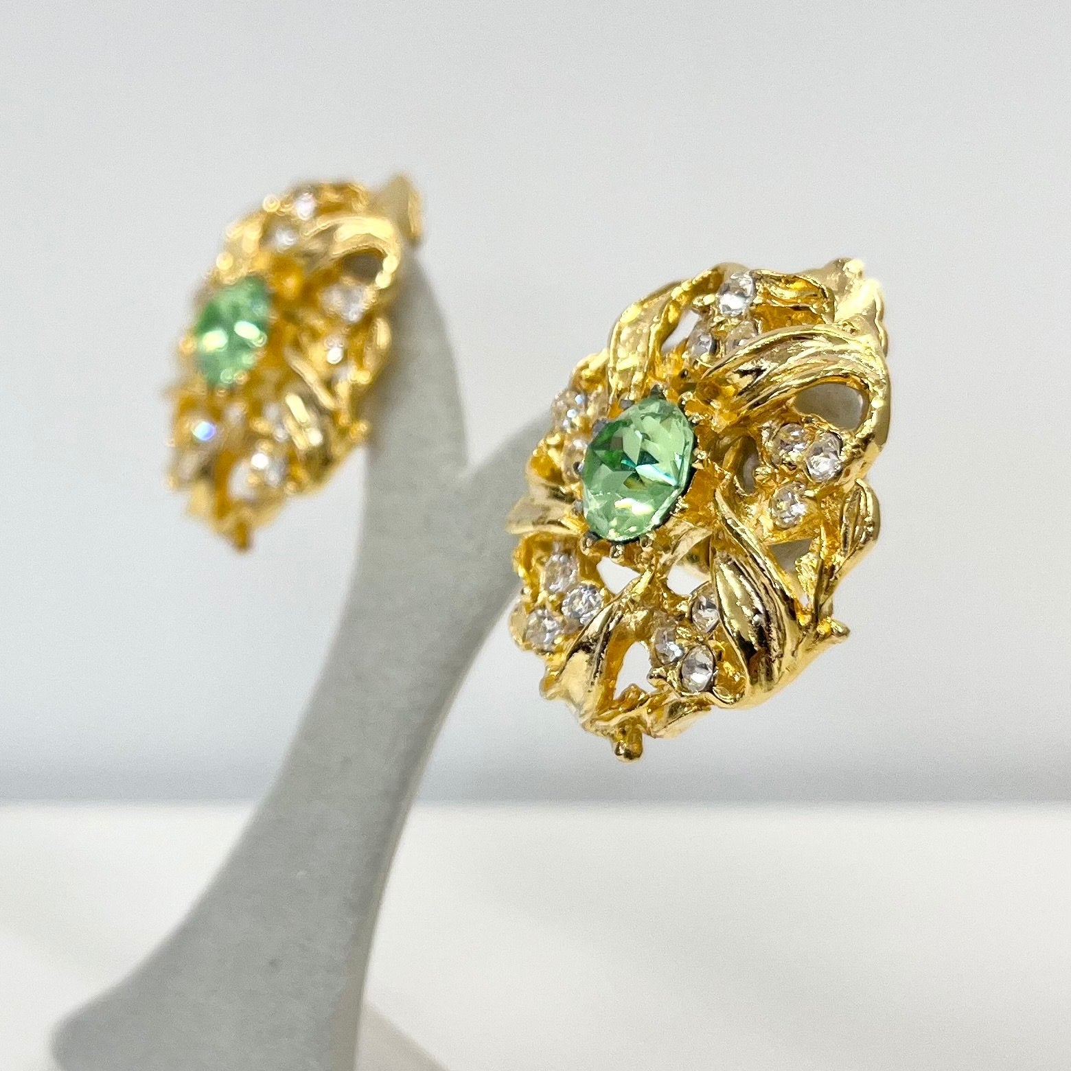 Vintage Green Uranium Crystal Clip On Earrings Victorian Style Gold Plated Setting UV Reactive Glowing Statement Jewellery TheGreenGlassGemShop