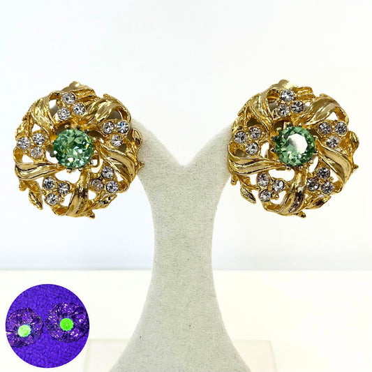 Vintage Green Uranium Crystal Clip On Earrings Victorian Style Gold Plated Setting UV Reactive Glowing Statement Jewellery TheGreenGlassGemShop