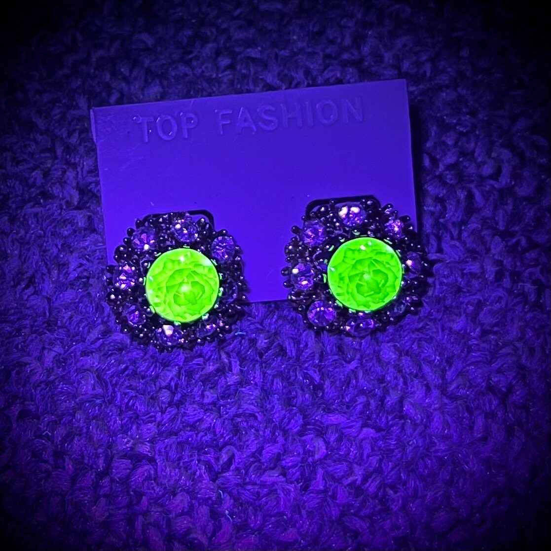 Vintage Green Uranium Crystal Clip On Earrings with a Clear Crystal Halo Gold Plated Setting UV Reactive Glowing Statement Jewellery TheGreenGlassGemShop