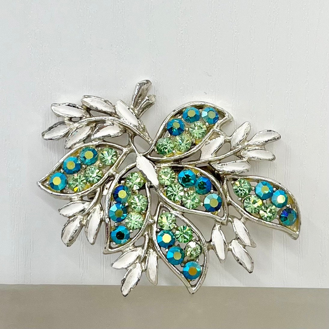 Large Vintage Green Uranium Glass Crystal Leaf Spray Brooch Silver Tone with White Enamel Leaves and a UV Reactive Glow TheGreenGlassGemShop