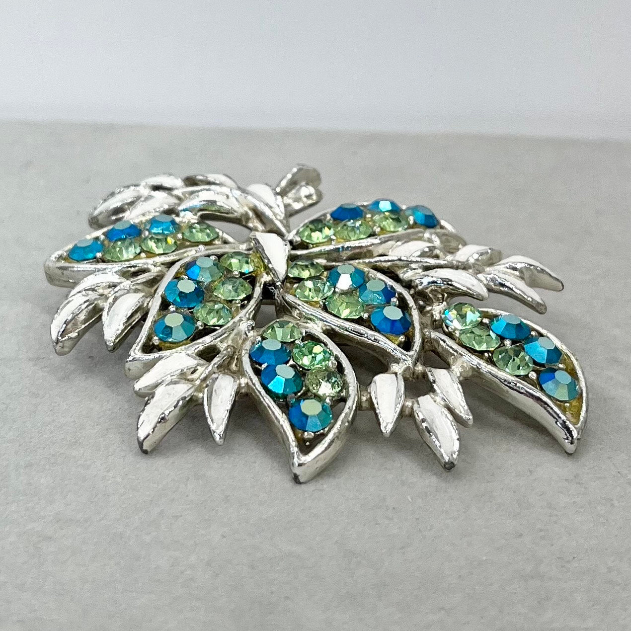 Large Vintage Green Uranium Glass Crystal Leaf Spray Brooch Silver Tone with White Enamel Leaves and a UV Reactive Glow TheGreenGlassGemShop