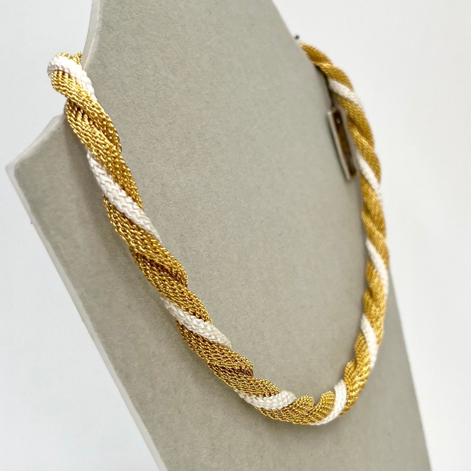 Vintage Michelle Rene 15” Gold Plated Gold Knit & White Cord Chain Necklace 1970’s - 1980’s Statement Power Chain TheGreenGlassGemShop