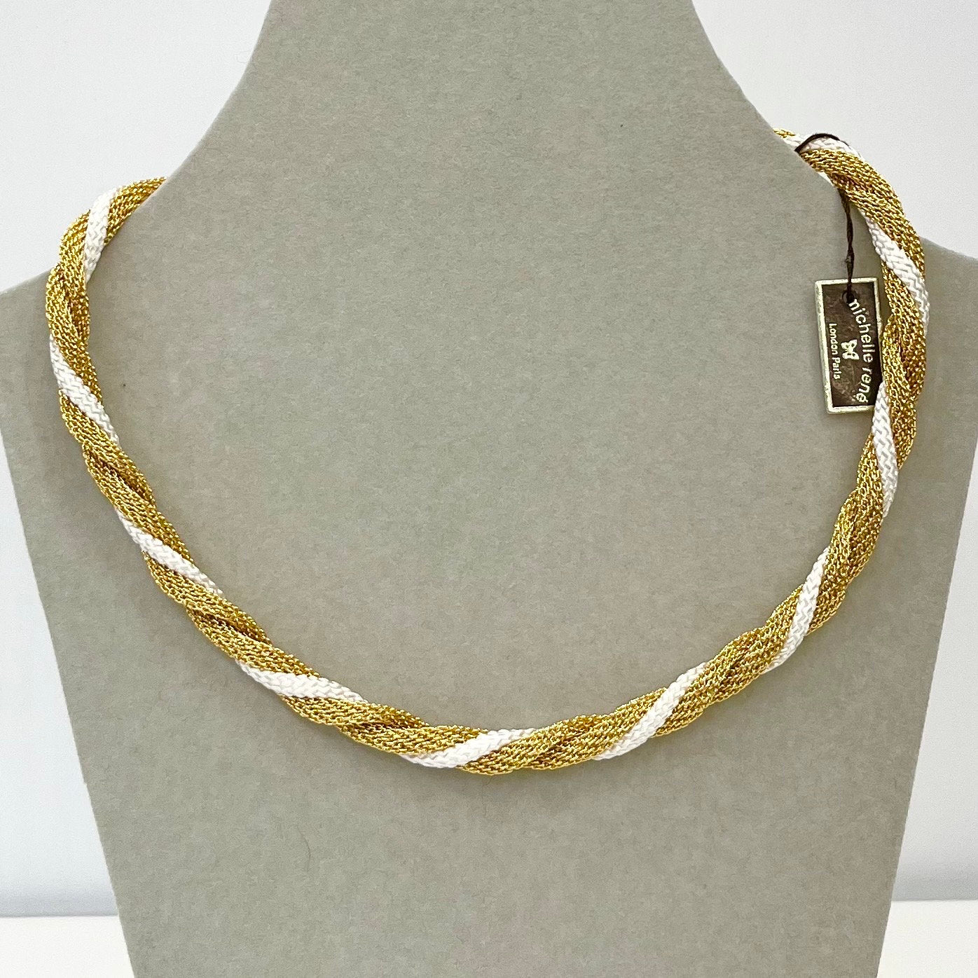 Vintage Michelle Rene 15” Gold Plated Gold Knit & White Cord Chain Necklace 1970’s - 1980’s Statement Power Chain TheGreenGlassGemShop