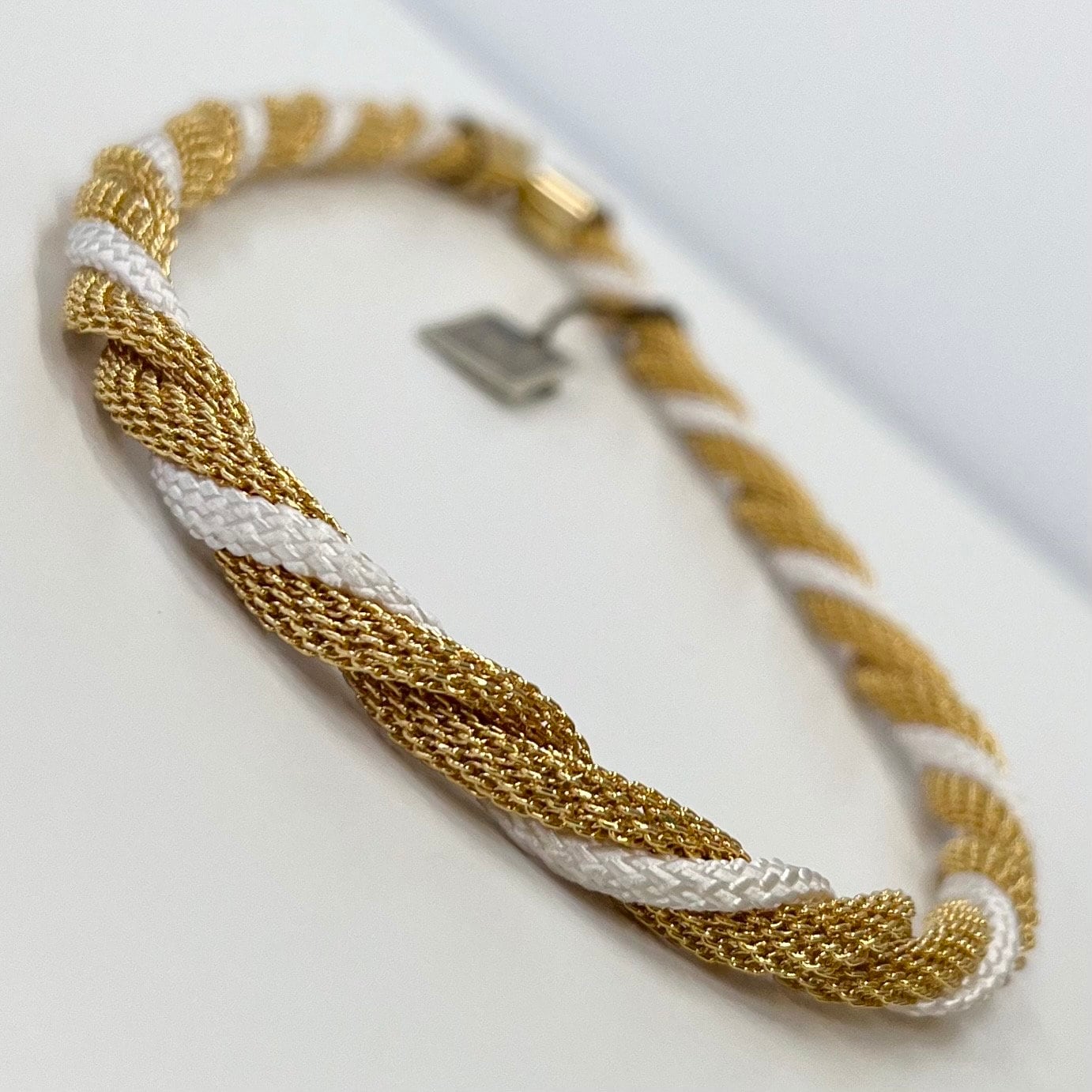 Vintage Michelle Rene 15” Gold Plated Gold Knit & White Cord Chain Necklace 1970’s - 1980’s Statement Power Chain TheGreenGlassGemShop