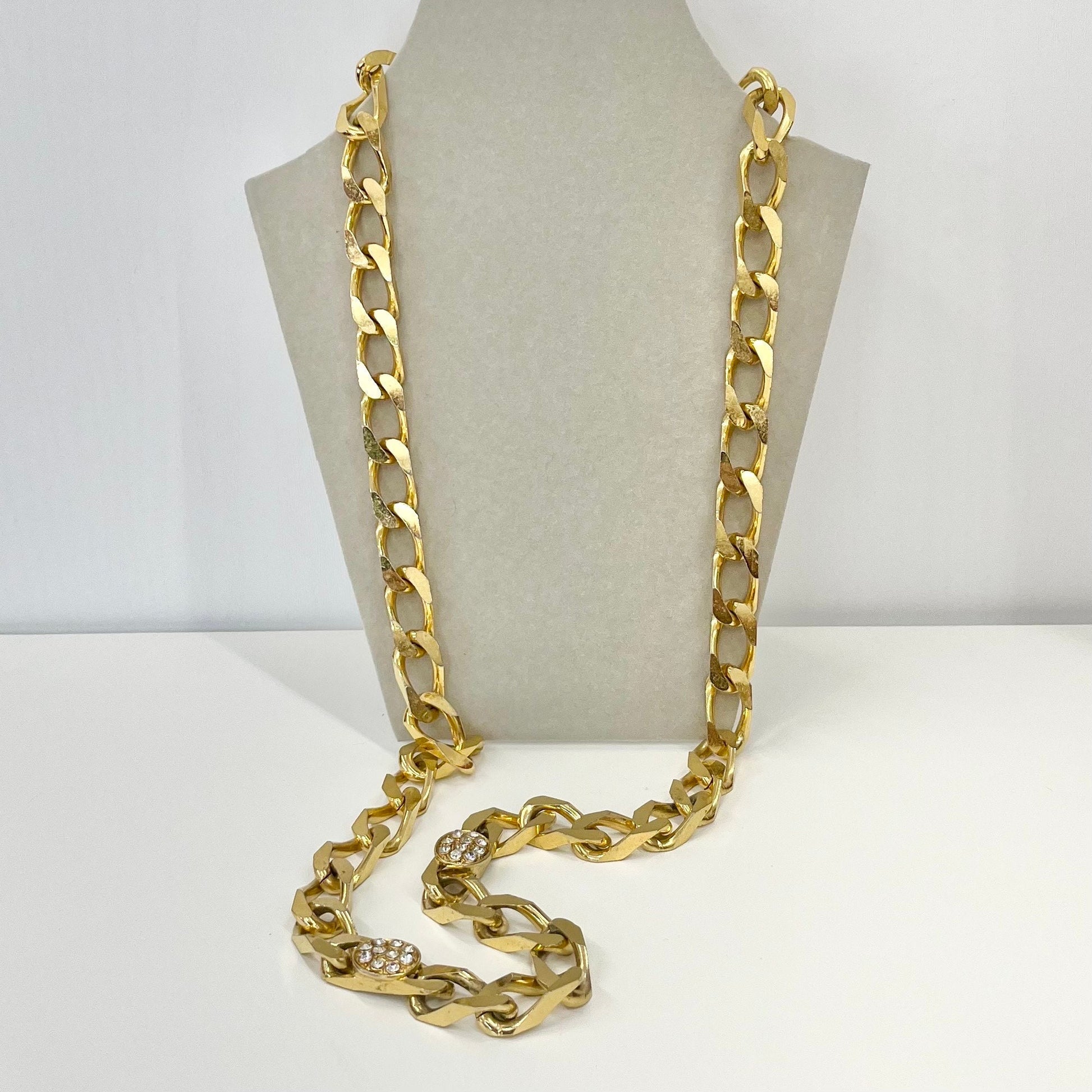 Vintage 32” Long Gold Plated Super Chunky Flat Curb Chain Necklace 1980’s Statement Power Chain Heavy Mr-T Style with Crystal Accents TheGreenGlassGemShop