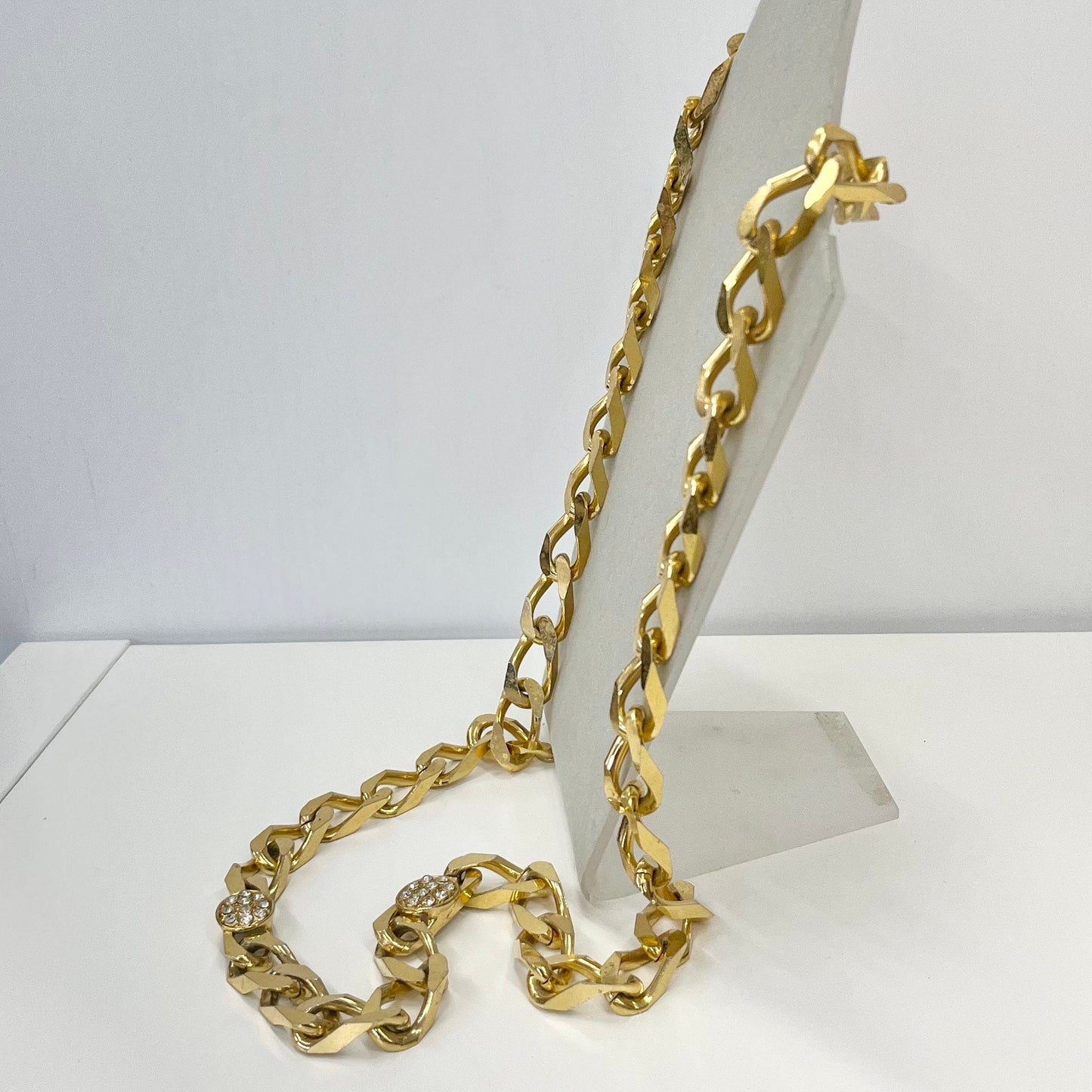 Vintage 32” Long Gold Plated Super Chunky Flat Curb Chain Necklace 1980’s Statement Power Chain Heavy Mr-T Style with Crystal Accents TheGreenGlassGemShop