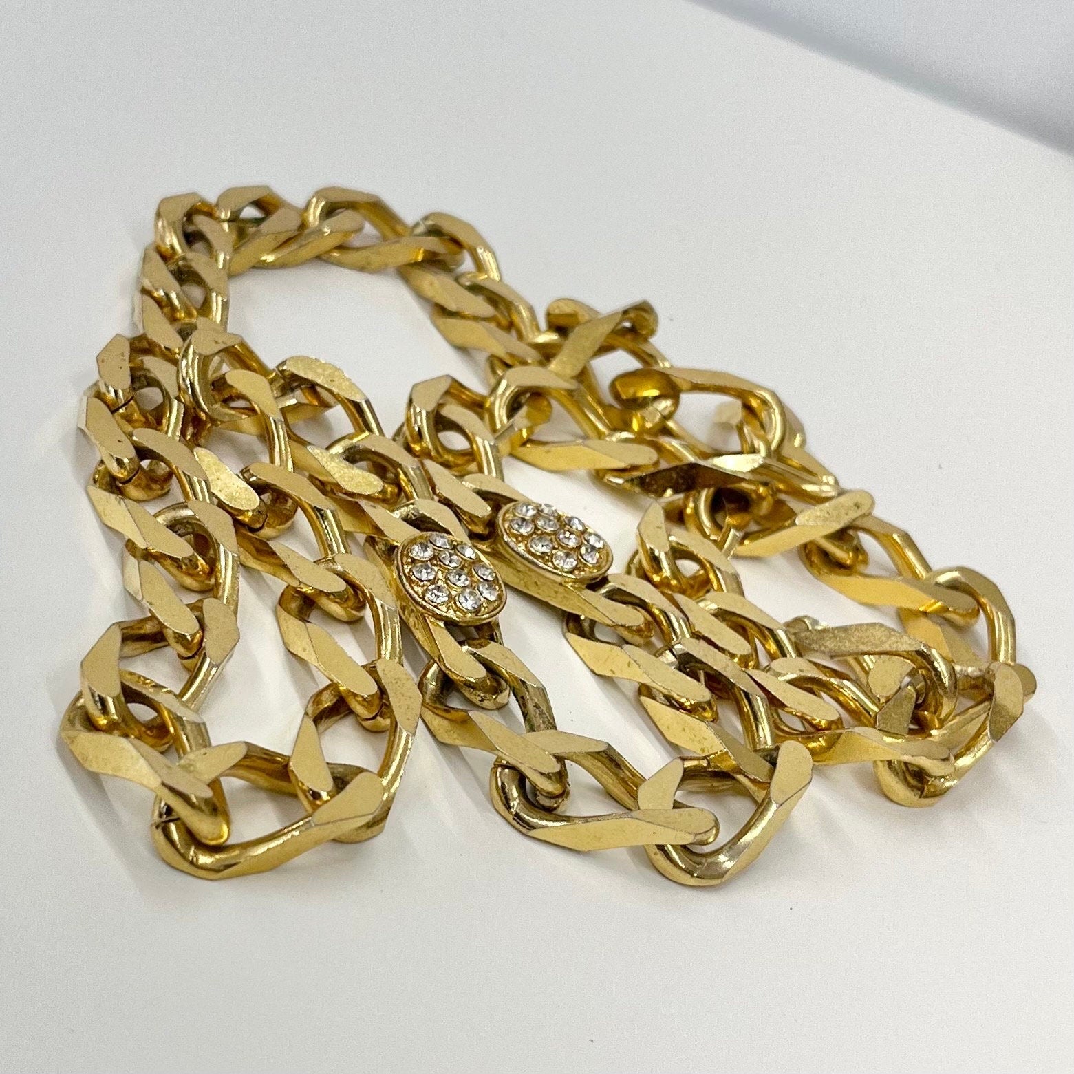 Vintage 32” Long Gold Plated Super Chunky Flat Curb Chain Necklace 1980’s Statement Power Chain Heavy Mr-T Style with Crystal Accents TheGreenGlassGemShop