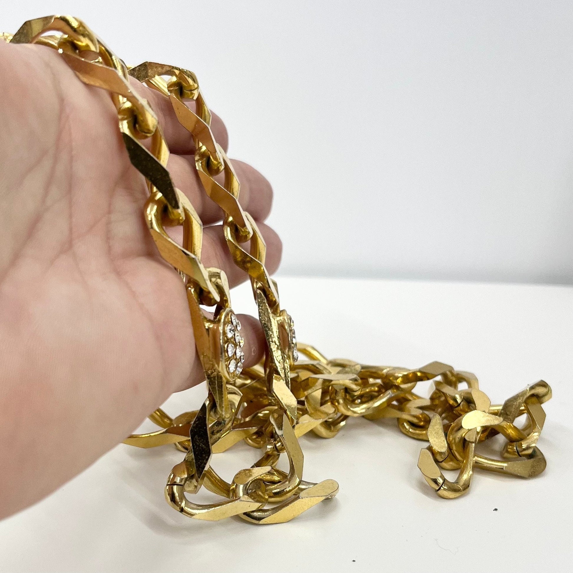 Vintage 32” Long Gold Plated Super Chunky Flat Curb Chain Necklace 1980’s Statement Power Chain Heavy Mr-T Style with Crystal Accents TheGreenGlassGemShop