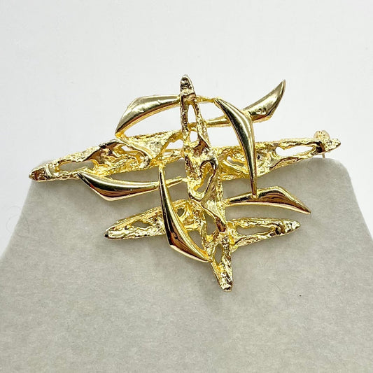 Vintage Gold Tone Brutalist Brooch Large Contempory Costume Jewellery Piece TheGreenGlassGemShop