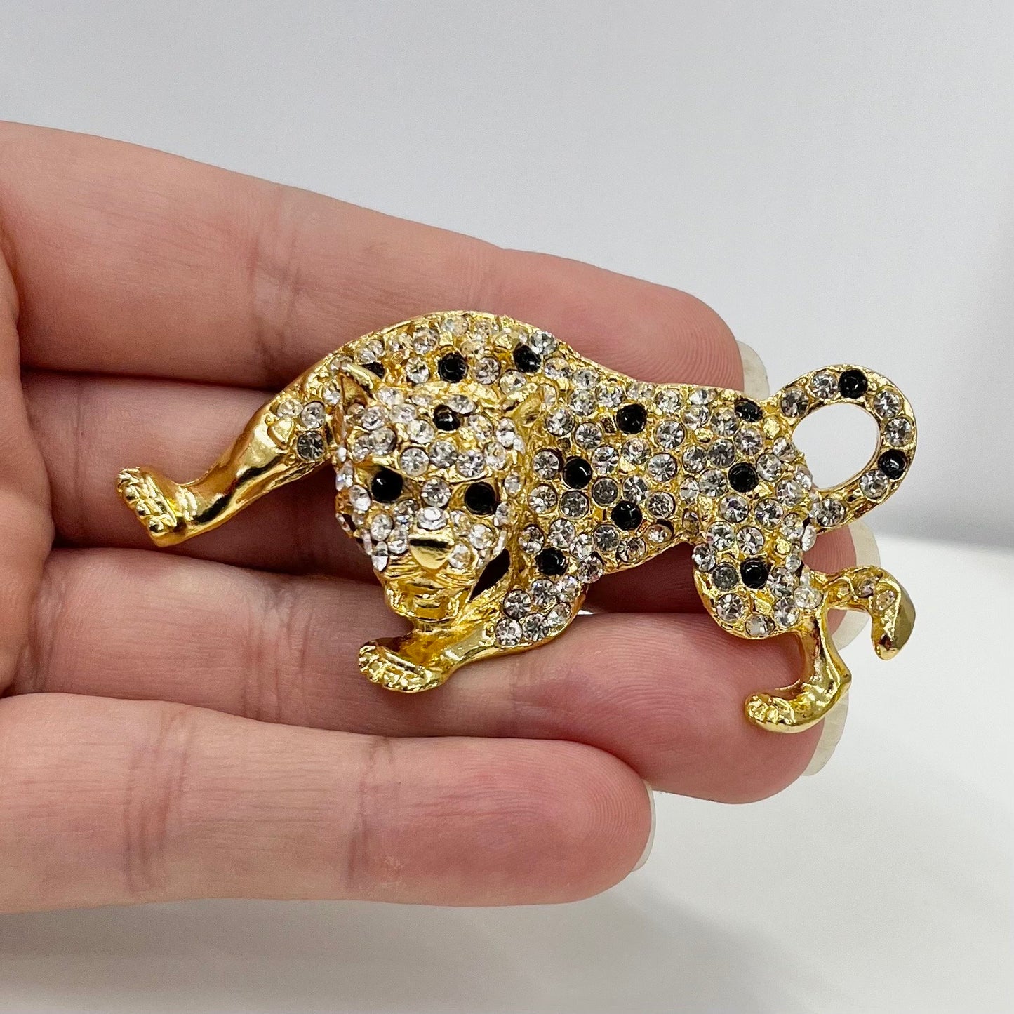 Vintage Gold Tone Leopard Brooch Large Clear & Black Crystal Crouching Big Cat Brooch Costume Jewellery Piece TheGreenGlassGemShop