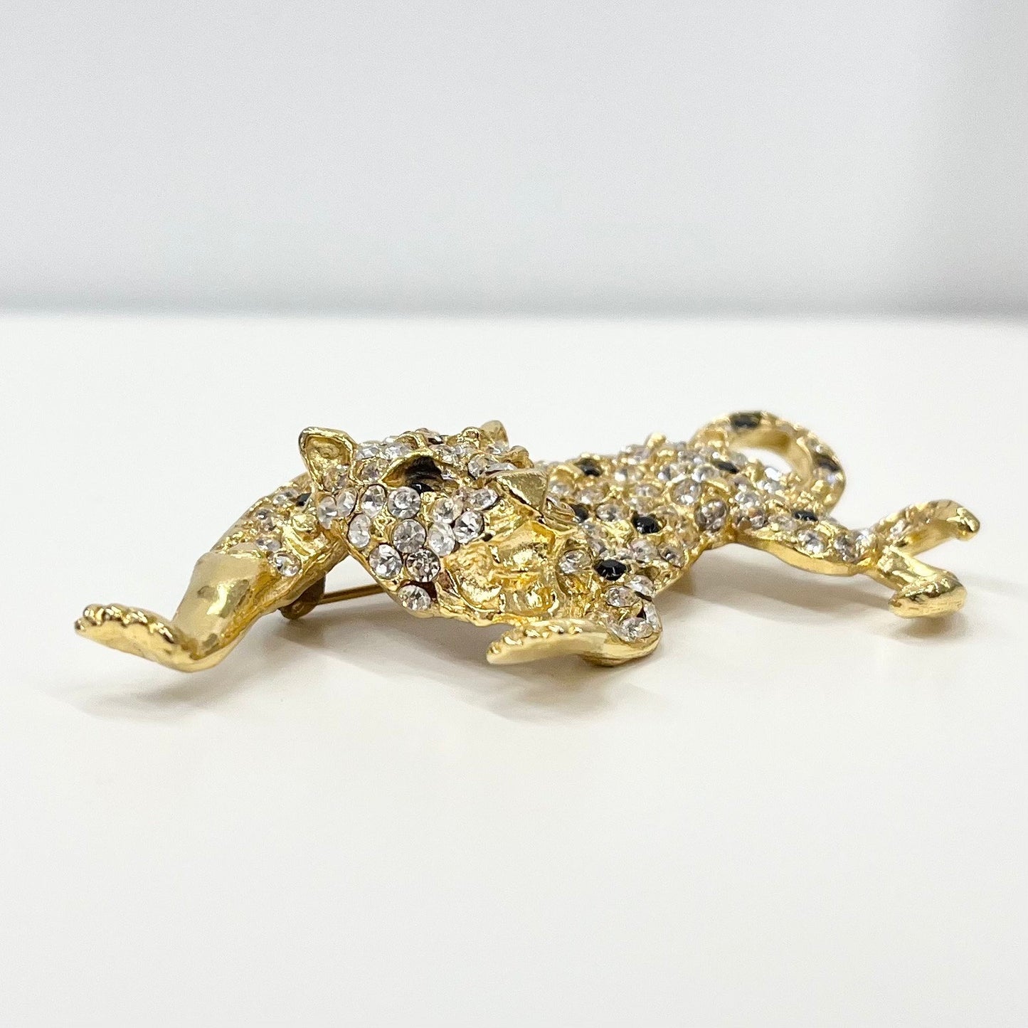 Vintage Gold Tone Leopard Brooch Large Clear & Black Crystal Crouching Big Cat Brooch Costume Jewellery Piece TheGreenGlassGemShop