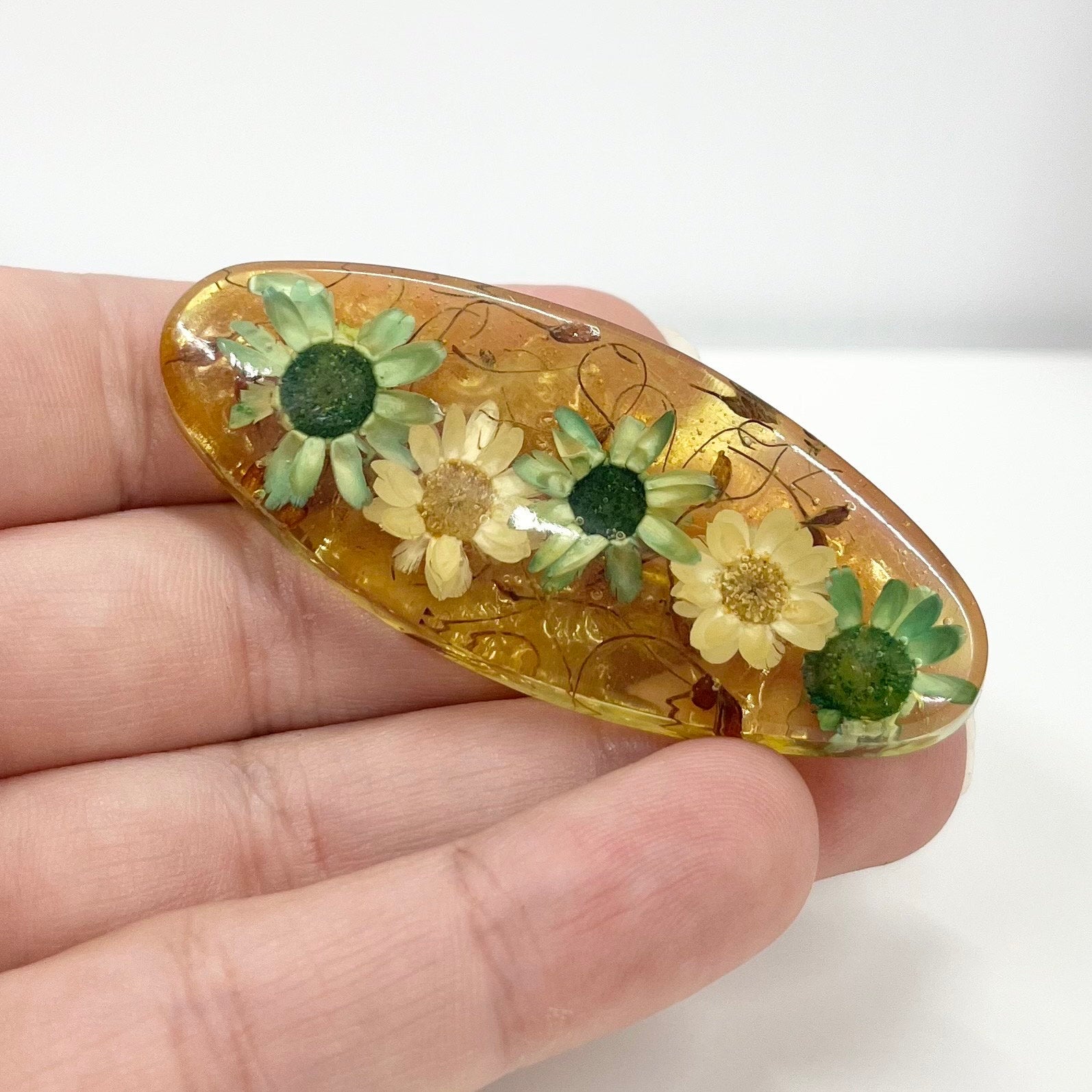 Vintage Amber Resin Resl Flower Brooch Marquise Oval Shape Costume Jewellery Piece TheGreenGlassGemShop