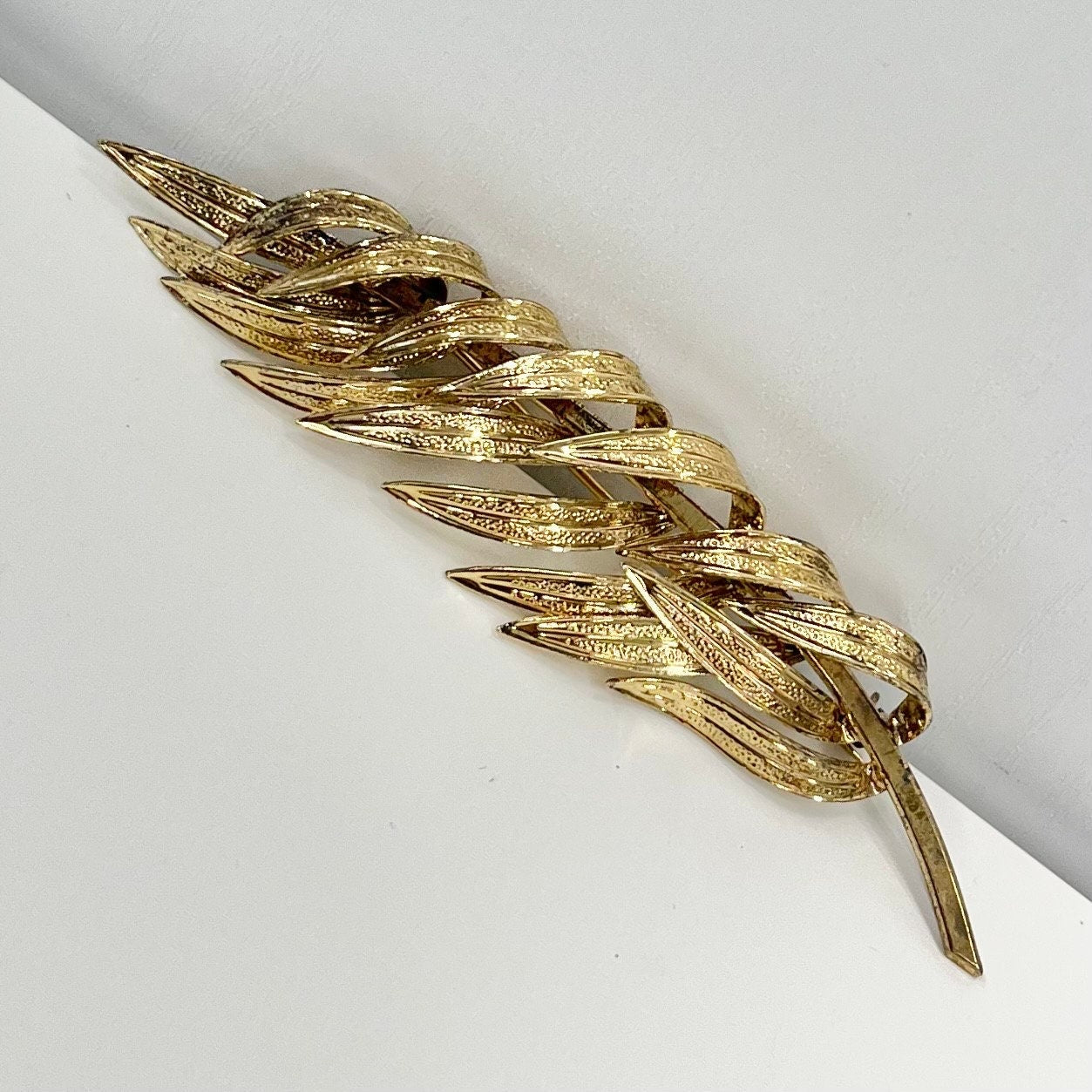 Vintage Gold Tone Long Leaf Branch Brooch Beautiful Costume Jewellery Piece TheGreenGlassGemShop