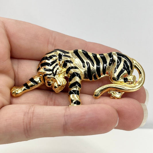 Vintage Gold Tone Black Enamel Tiger Brooch Large Big Cat Brooch Costume Jewellery Piece TheGreenGlassGemShop