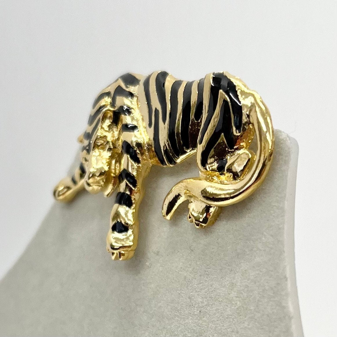 Vintage Gold Tone Black Enamel Tiger Brooch Large Big Cat Brooch Costume Jewellery Piece TheGreenGlassGemShop