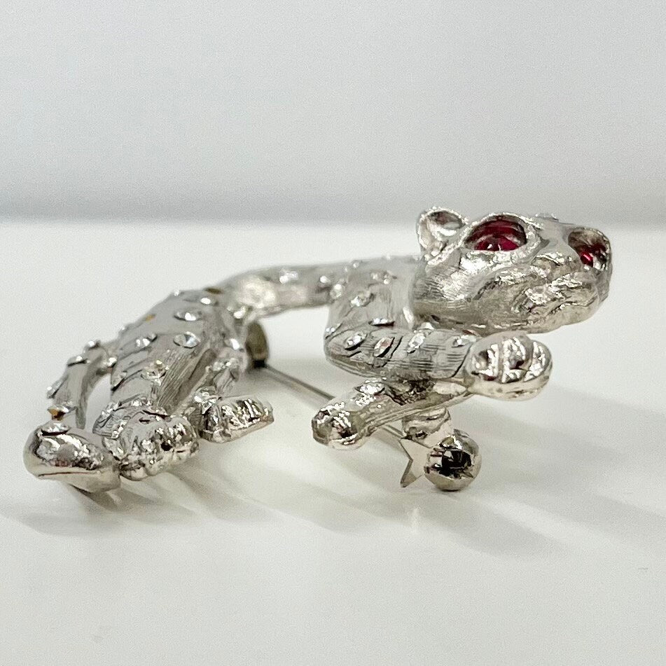 Vintage Silver Tone Spotted Leopard Brooch with Ruby Crystal Eyes Big Cat Brooch Costume Jewellery Piece TheGreenGlassGemShop