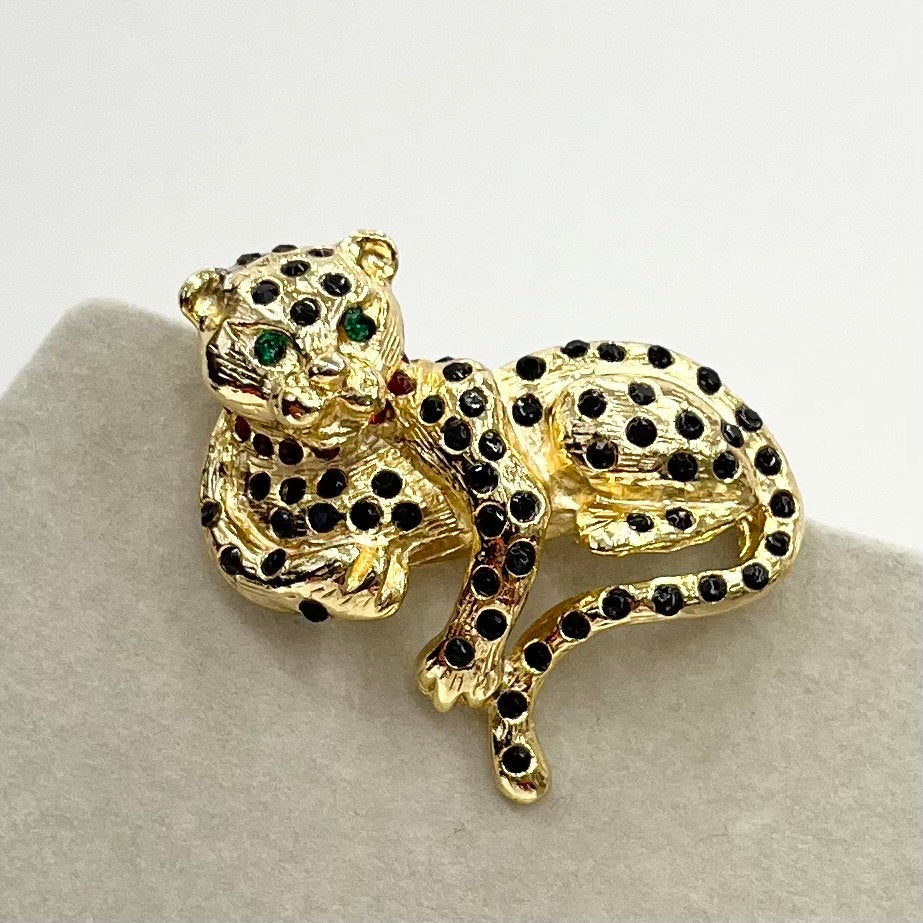 Vintage Gold Tone Crystal Spotted Leopard Brooch Big Cat Brooch Costume Jewellery Piece TheGreenGlassGemShop