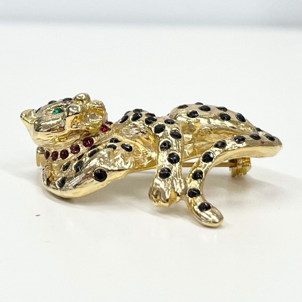 Vintage Gold Tone Crystal Spotted Leopard Brooch Big Cat Brooch Costume Jewellery Piece TheGreenGlassGemShop