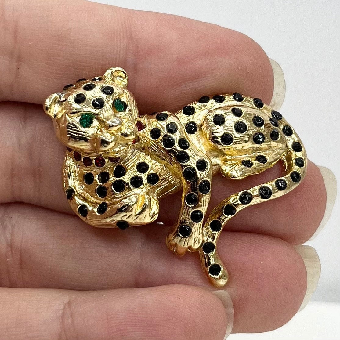 Vintage Gold Tone Crystal Spotted Leopard Brooch Big Cat Brooch Costume Jewellery Piece TheGreenGlassGemShop