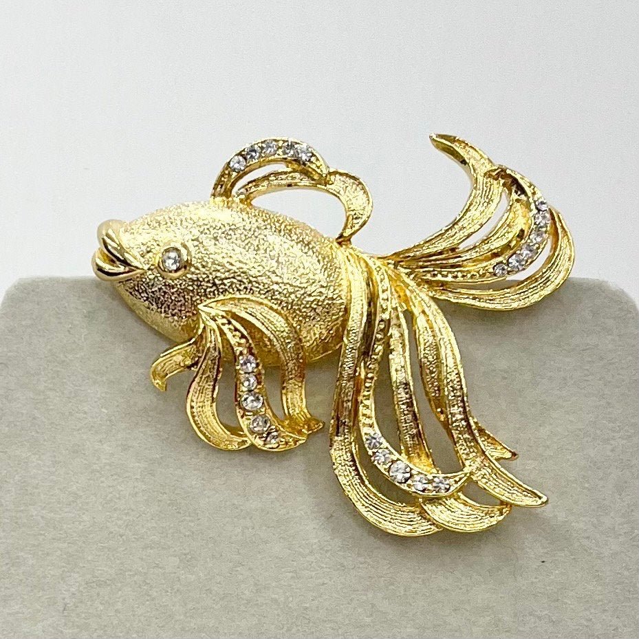 Vintage Gold Tone Fancy Goldfish Brooch with Clear Crystal Accents Costume Jewellery Statement Piece TheGreenGlassGemShop