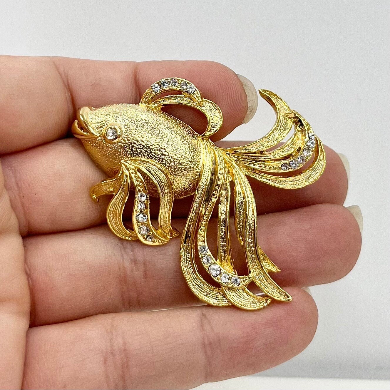 Vintage Gold Tone Fancy Goldfish Brooch with Clear Crystal Accents Costume Jewellery Statement Piece TheGreenGlassGemShop