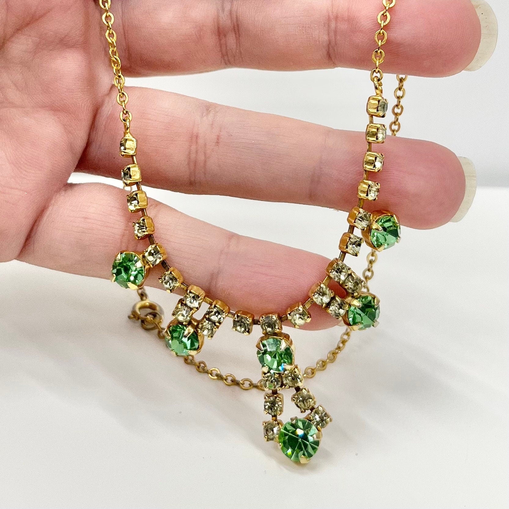 Vintage Peridot Green Uranium Crystal Drop Necklace Gold Tone Metal UV Reactive Glow Piece TheGreenGlassGemShop