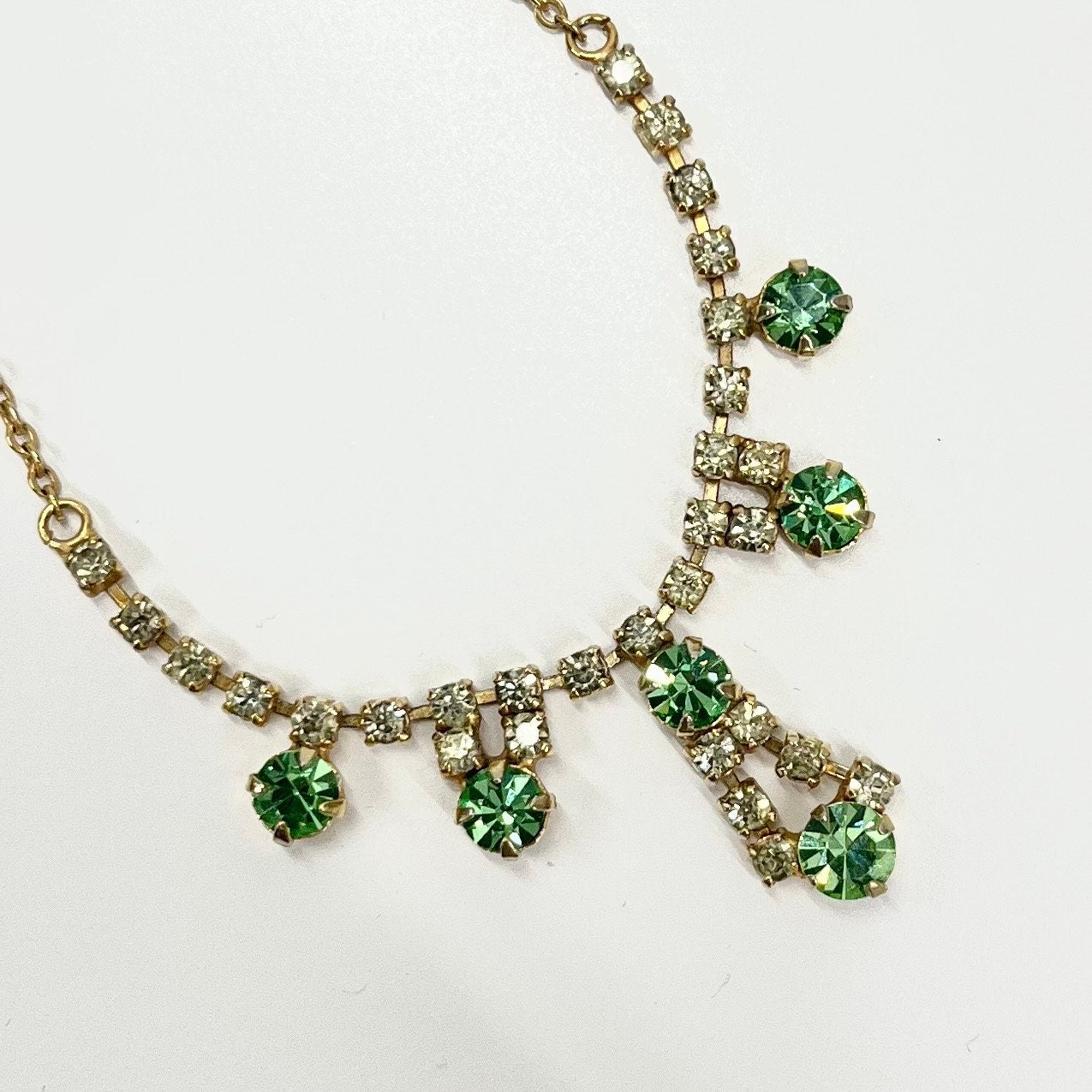 Vintage Peridot Green Uranium Crystal Drop Necklace Gold Tone Metal UV Reactive Glow Piece TheGreenGlassGemShop