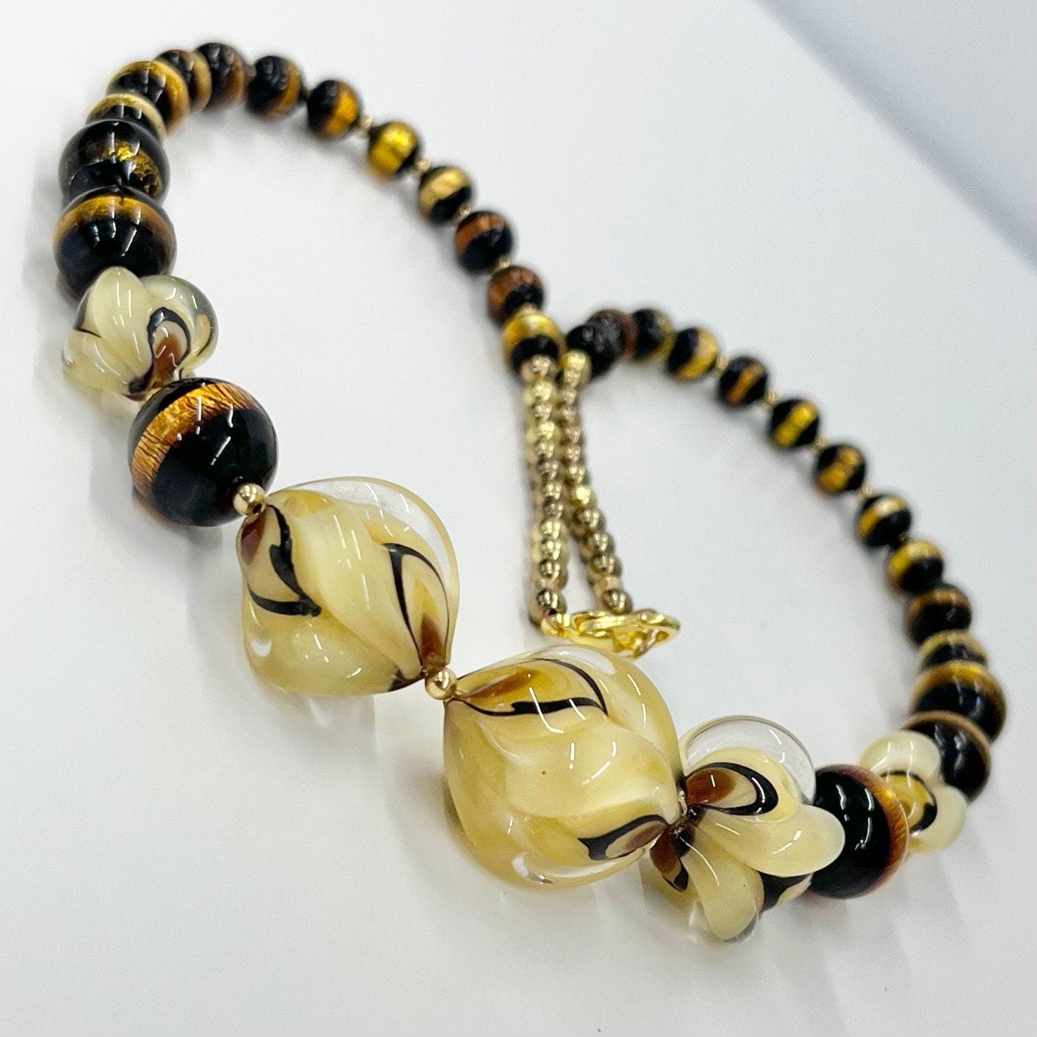 Vintage Gold Foil Black Murano Glass Uranium Graduated Lampwork Bead Necklace Beads Green / Yellow UV Reactive Glow 16” TheGreenGlassGemShop