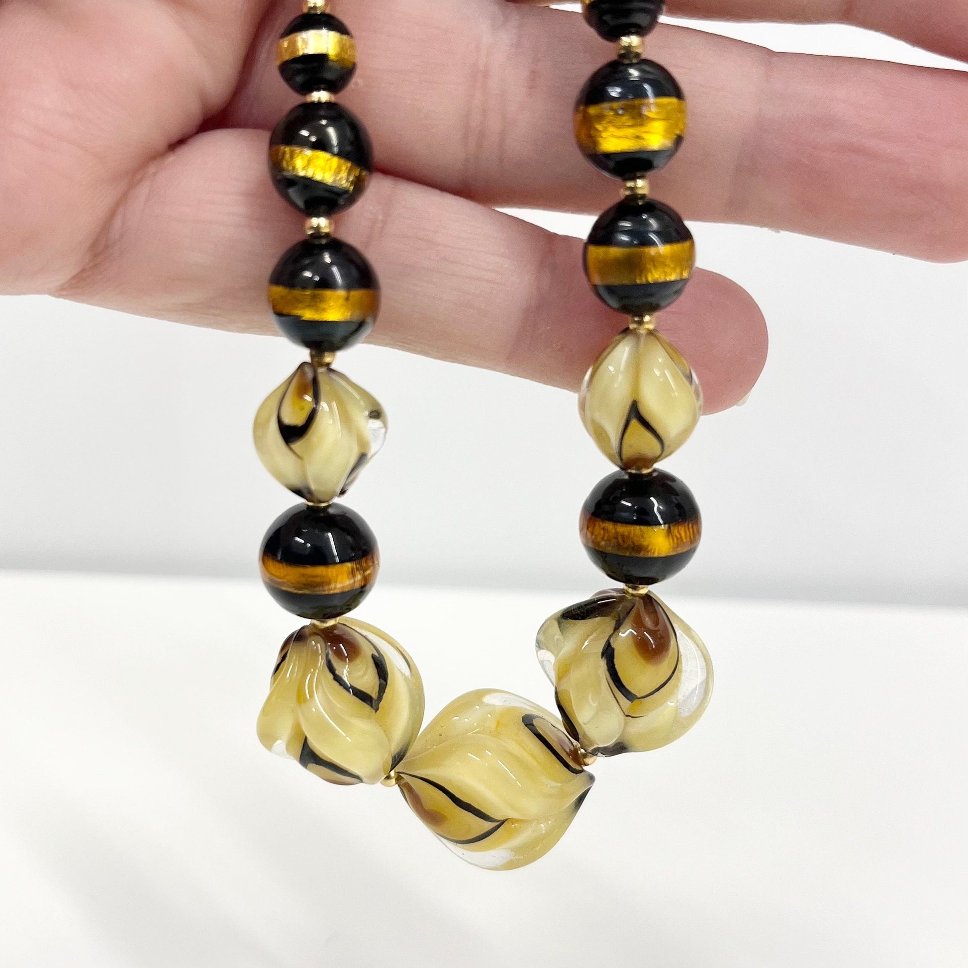 Vintage Gold Foil Black Murano Glass Uranium Graduated Lampwork Bead Necklace Beads Green / Yellow UV Reactive Glow 16” TheGreenGlassGemShop