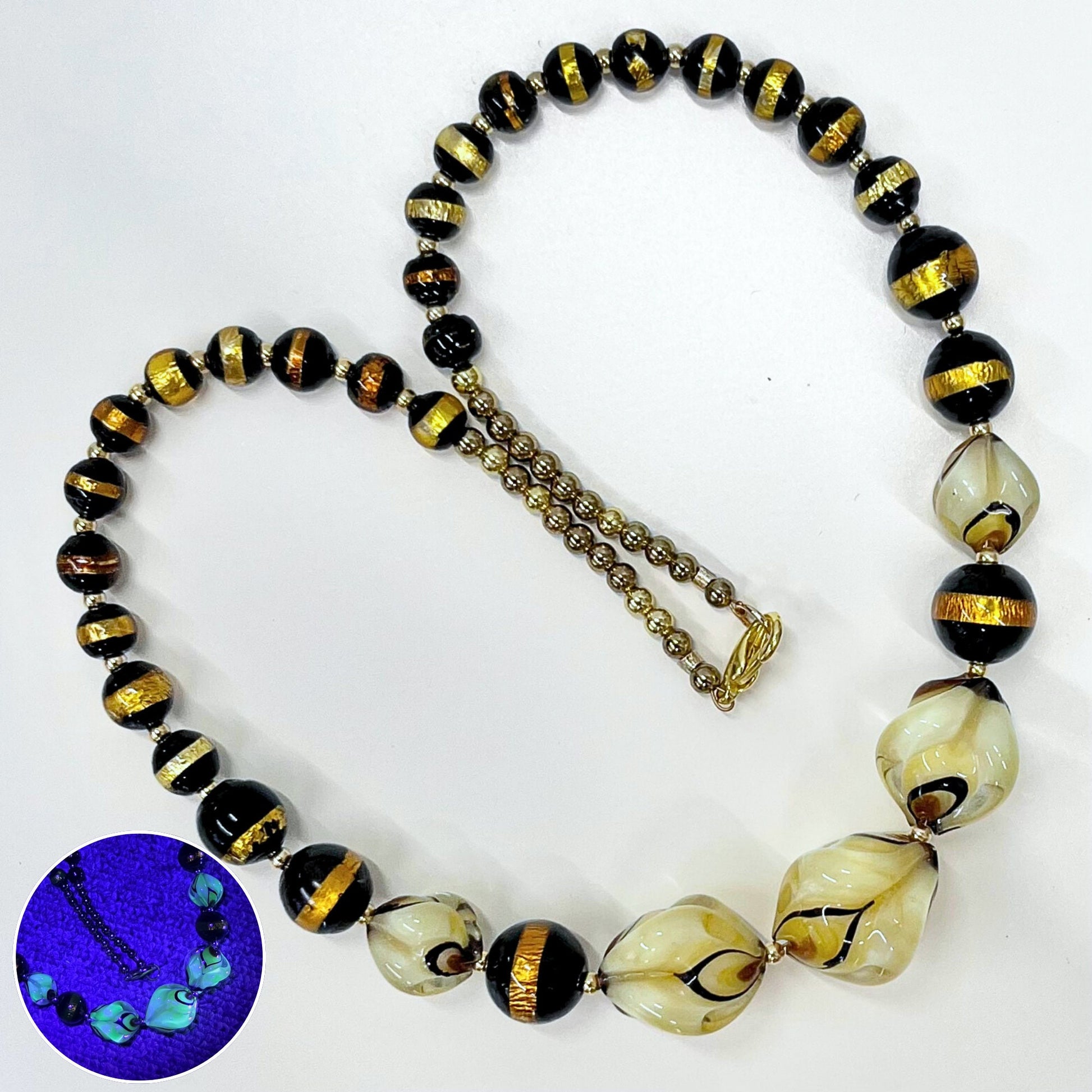 Vintage Gold Foil Black Murano Glass Uranium Graduated Lampwork Bead Necklace Beads Green / Yellow UV Reactive Glow 16” TheGreenGlassGemShop