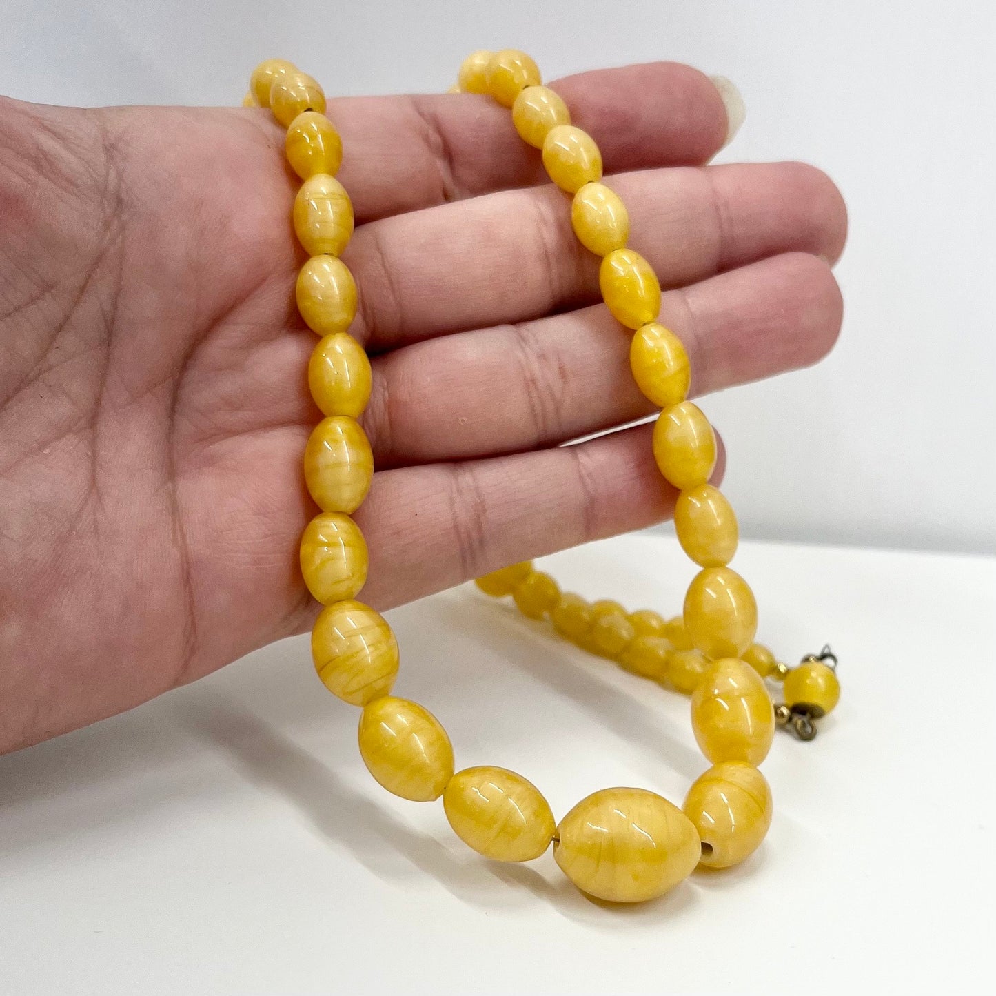 Vintage Yellow Uranium Glass Graduated Satin Bead Necklace Bright Green UV Reactive Glow Jewellery 23” Long TheGreenGlassGemShop