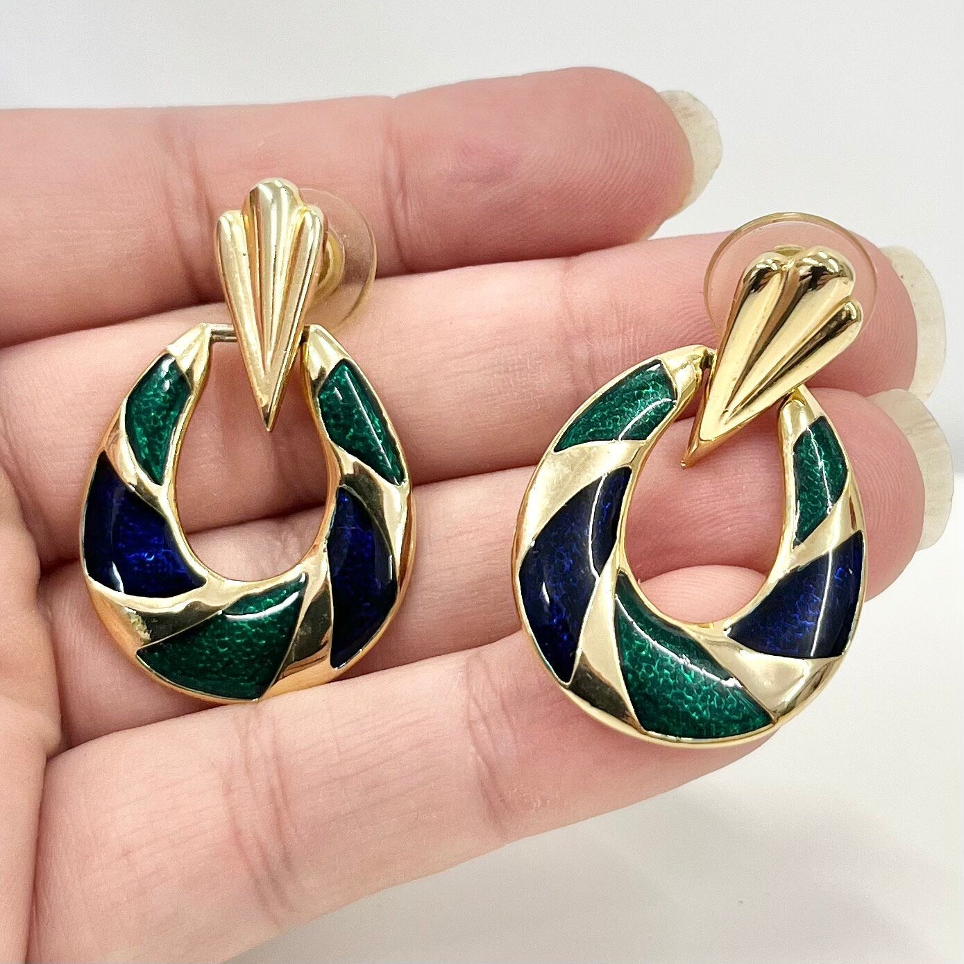 Vintage Blue & Green Enamel Teardrop Hoop Earrings 1980’s - 1990’s Gold Tone TheGreenGlassGemShop