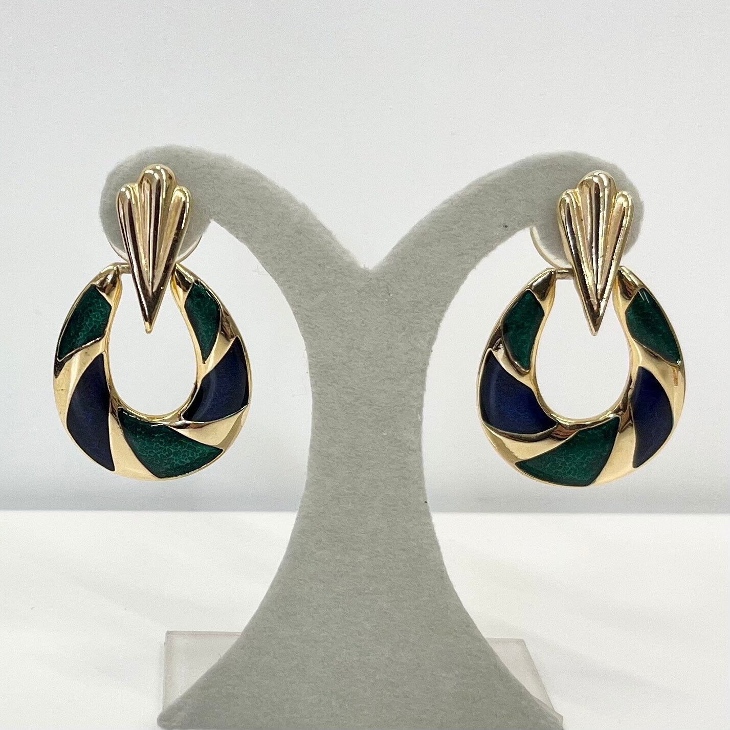 Vintage Blue & Green Enamel Teardrop Hoop Earrings 1980’s - 1990’s Gold Tone TheGreenGlassGemShop