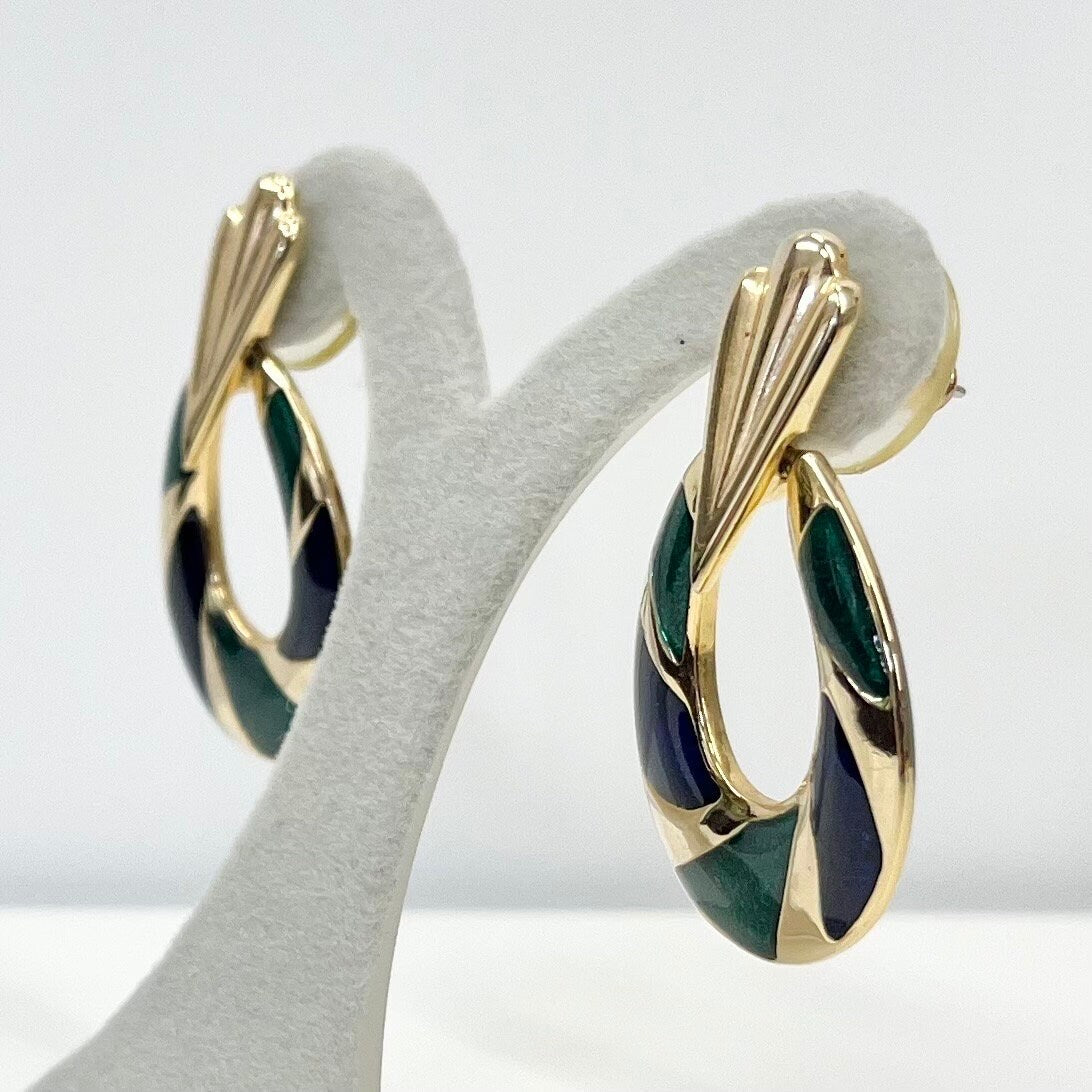 Vintage Blue & Green Enamel Teardrop Hoop Earrings 1980’s - 1990’s Gold Tone TheGreenGlassGemShop